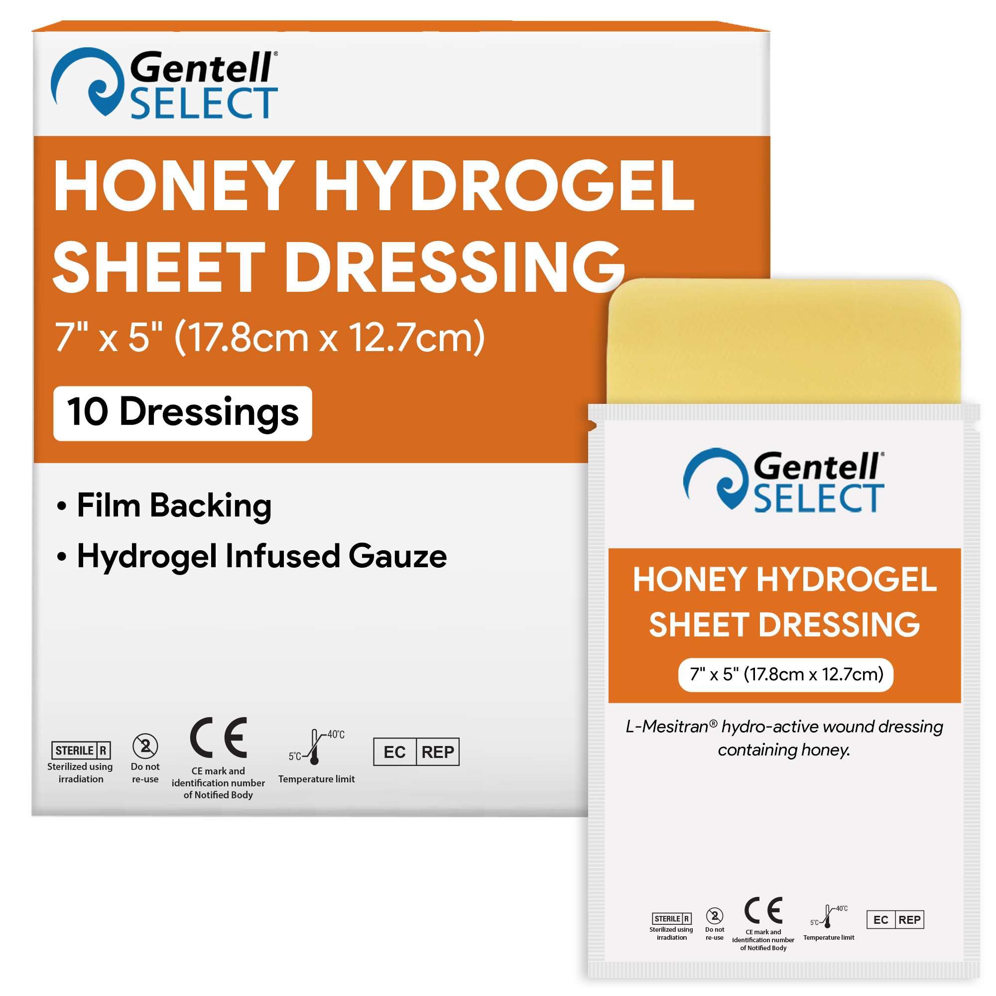 Honey Hydrogel Sheet Dressing 7"x5" - 10 Hydrogel Sheets with 30% Medical Grade Honey for Wounds - Good for Ulcers, Surgical Wounds, Donor Sites, Cuts, Abrasions, and More