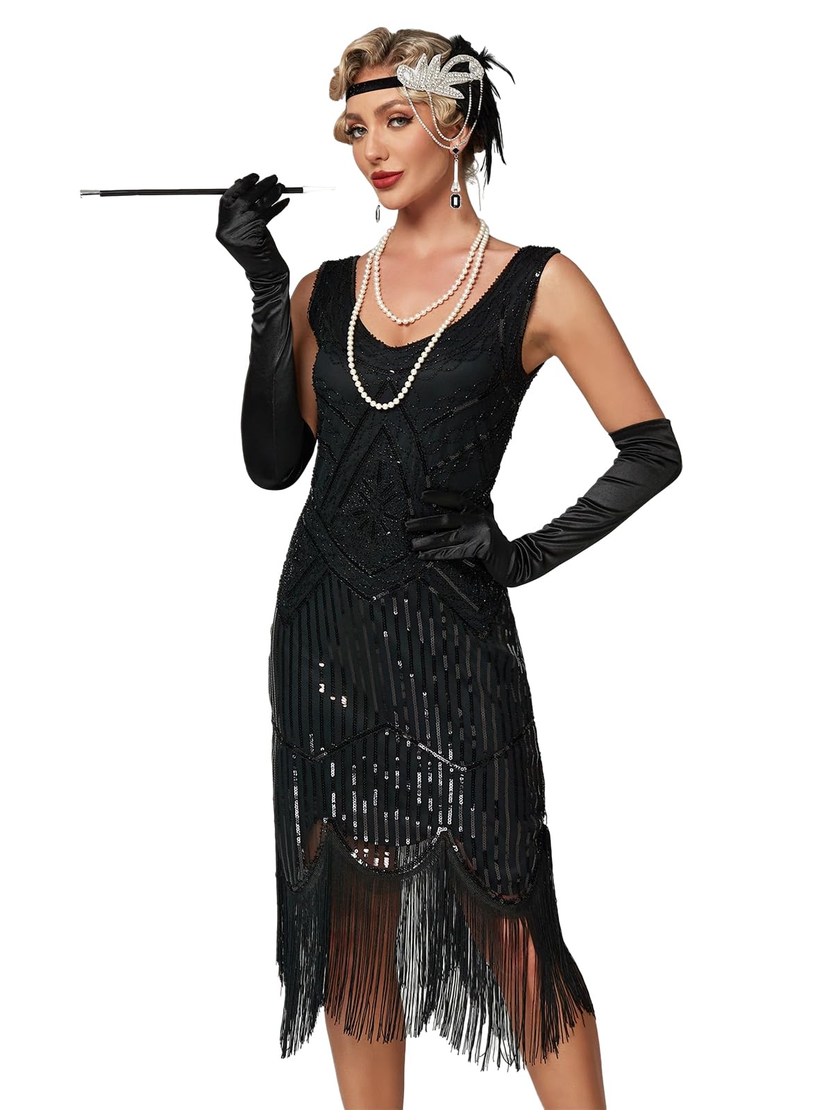 Viloree Robe Gatsby Femme Frangée Costume Flapper 1920 V Cou Soirée Paillette