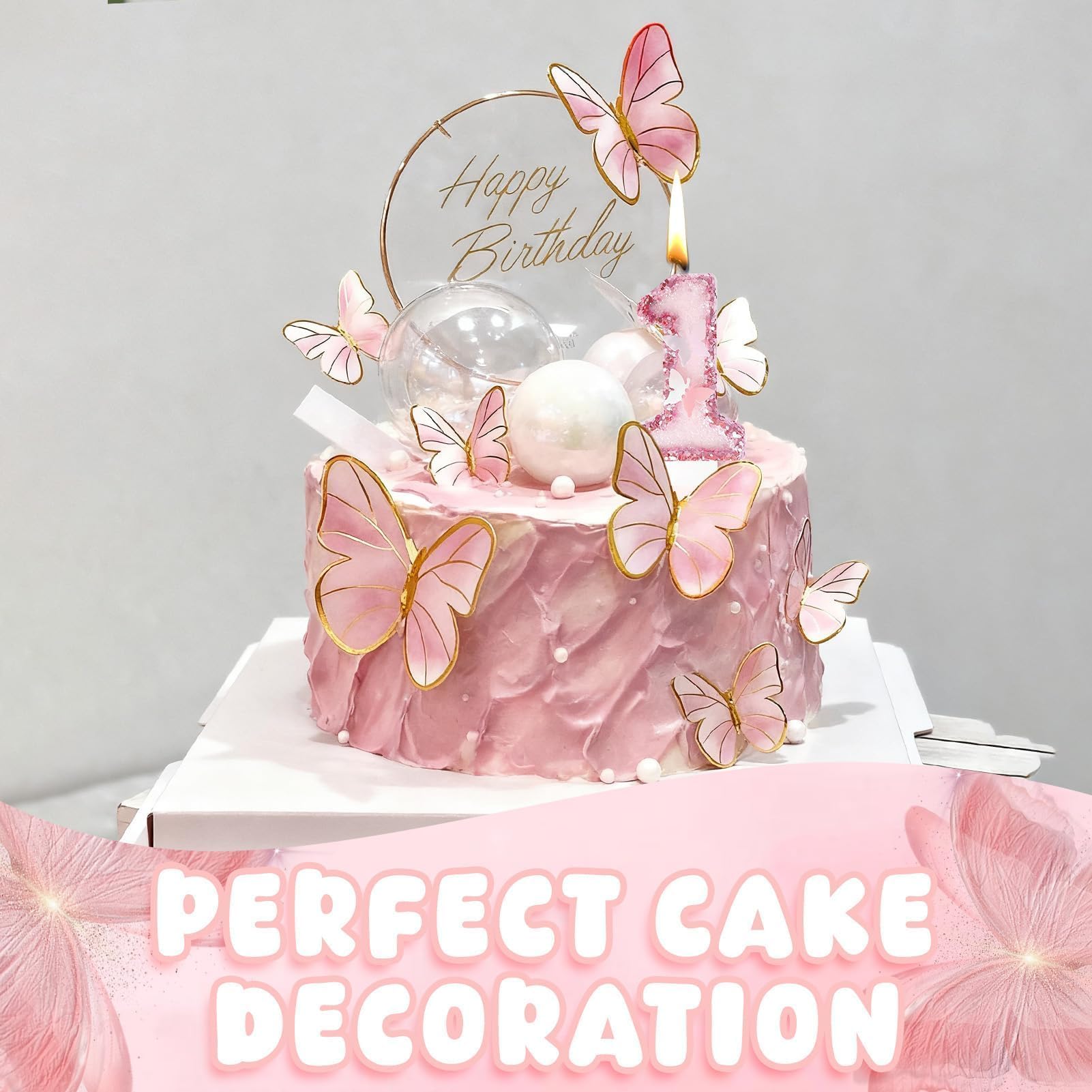 13pcs Happy 1st Birthday Butterfly Candles Cake Topper,Rosa Numero 1 Candela con Farfalla Glitterata Topper,Decorazioni per Torta per il 1° Compleanno Delle Ragazze
