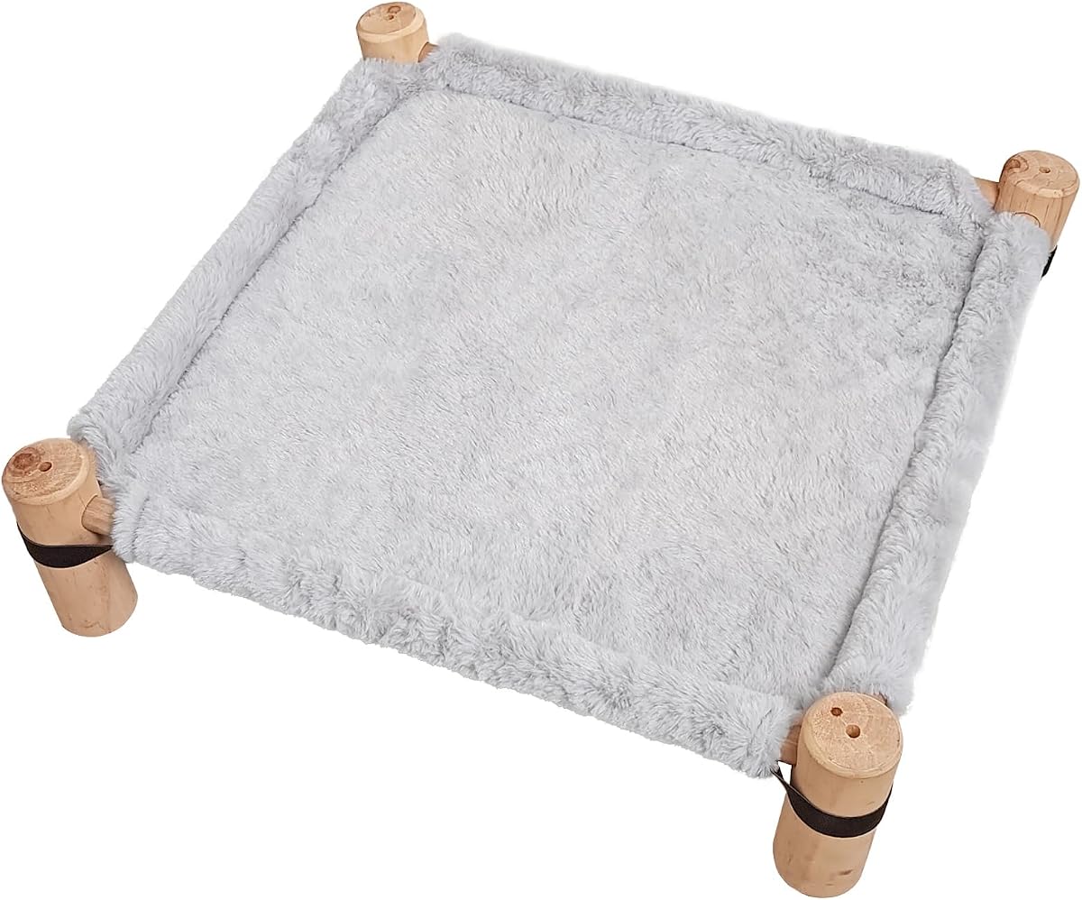 Pozico Cama tipo hamaca para gatos – Cama elevada de madera para gatos/perros con tela de felpa de invierno – Muebles de cuna elevados para perros pequeños, gatos y animales pequeños – Tumbona interior cálida – Portátil y lavable