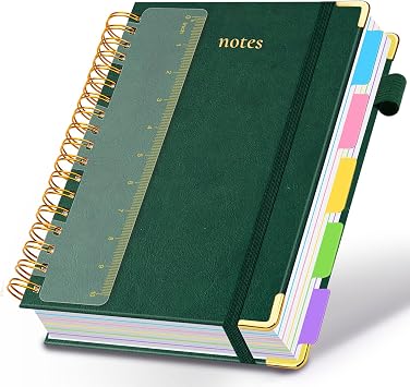 Hardcover Spiral Notebook 8.5"x11" Journal Notebook with Tabs and Removable Dividers 300 Pages 5 Subject Notebook College Ruled, Faux Leather Spiral Bound Notebook for Women School WorkGreen