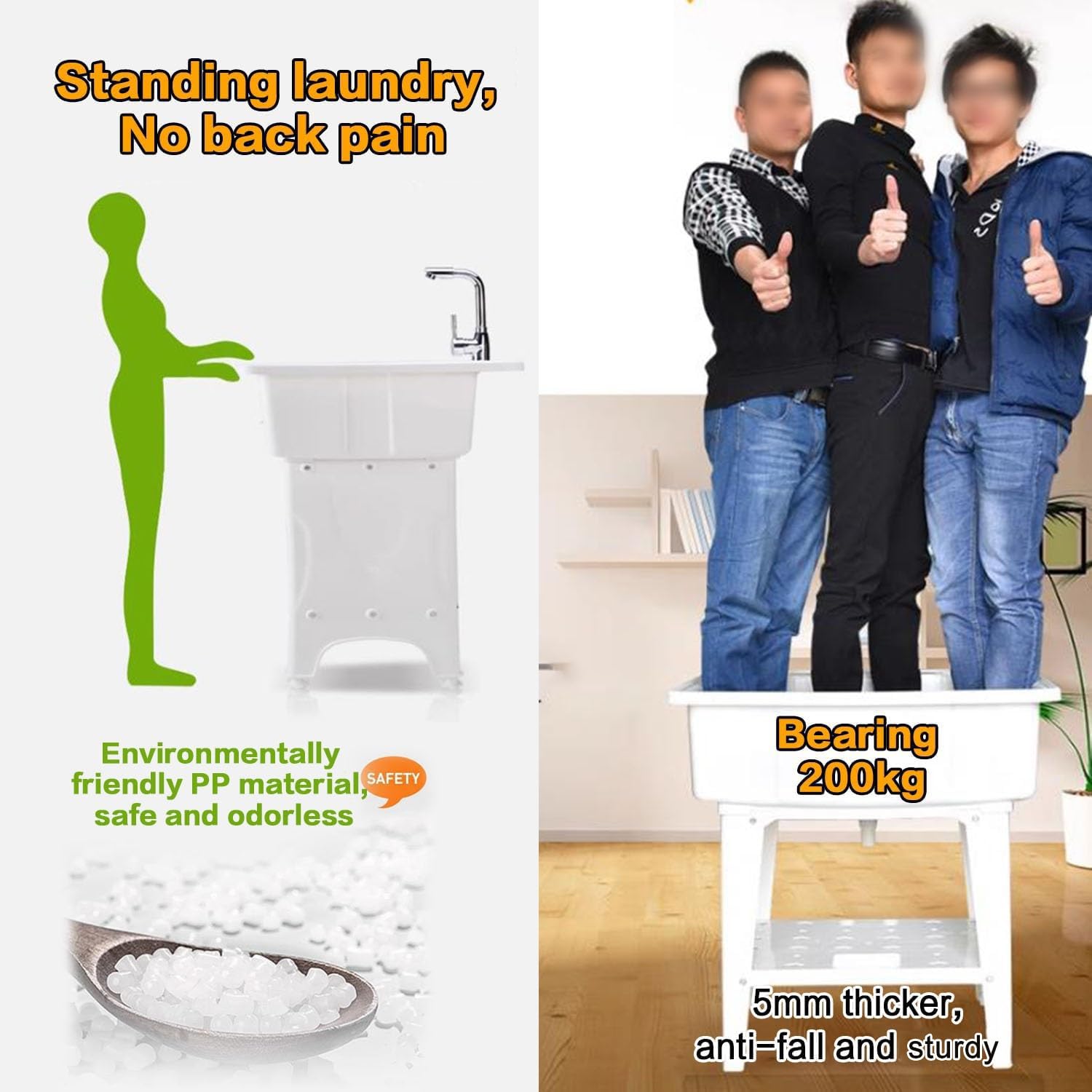 Fregadero Independiente para Lavandería, Lavabo De Plástico PP con Estante De Almacenamiento Inferior Y Pies Ajustables, Lavabo Interior Y Exterior para Lavar Ropa a Mano