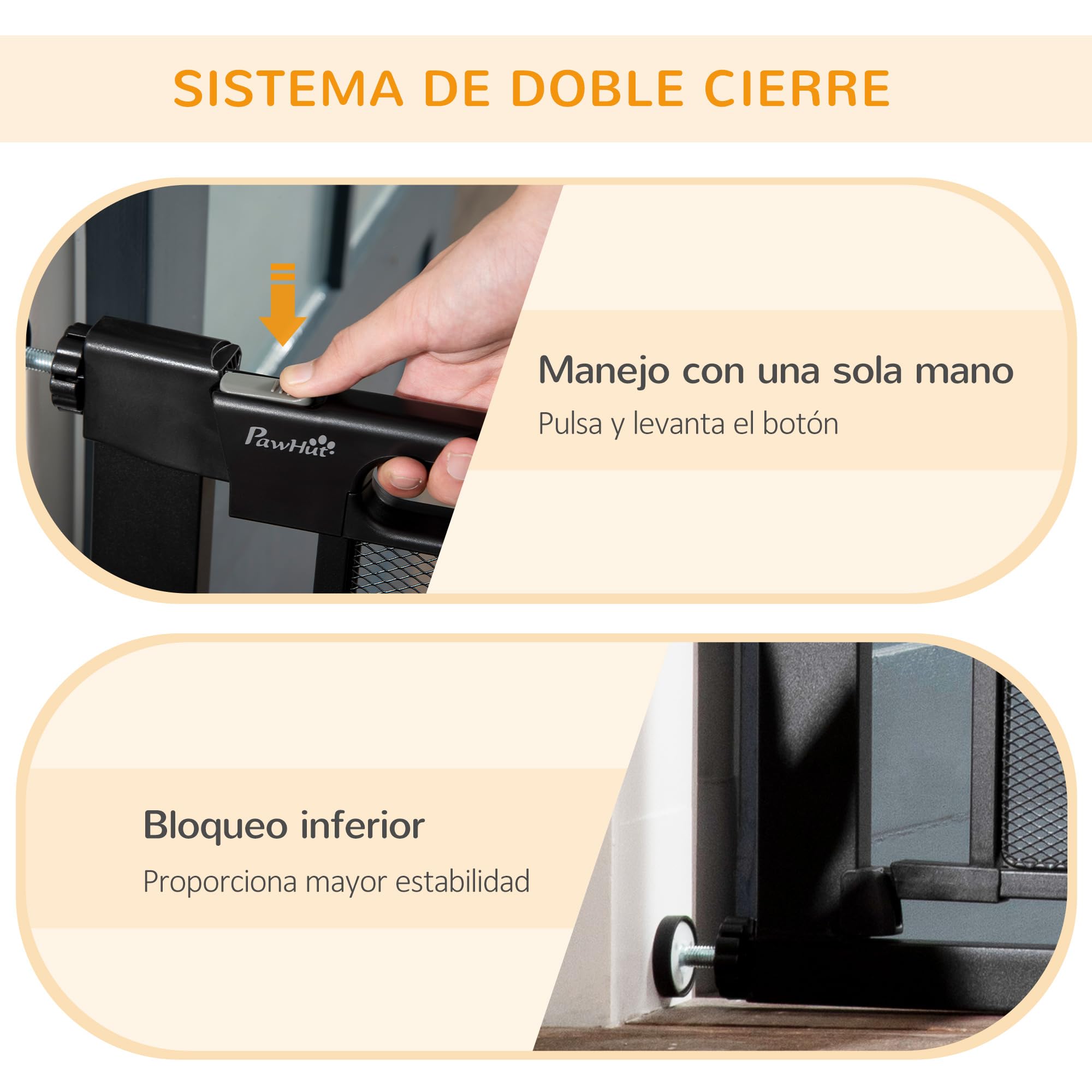 PawHut Barrera de Seguridad para Perros Extensible 75-103 cm Barrera para Escalera Puerta con 2 Extensiones 7 y 14 cm Doble Bloqueo Cierre Automático Negro