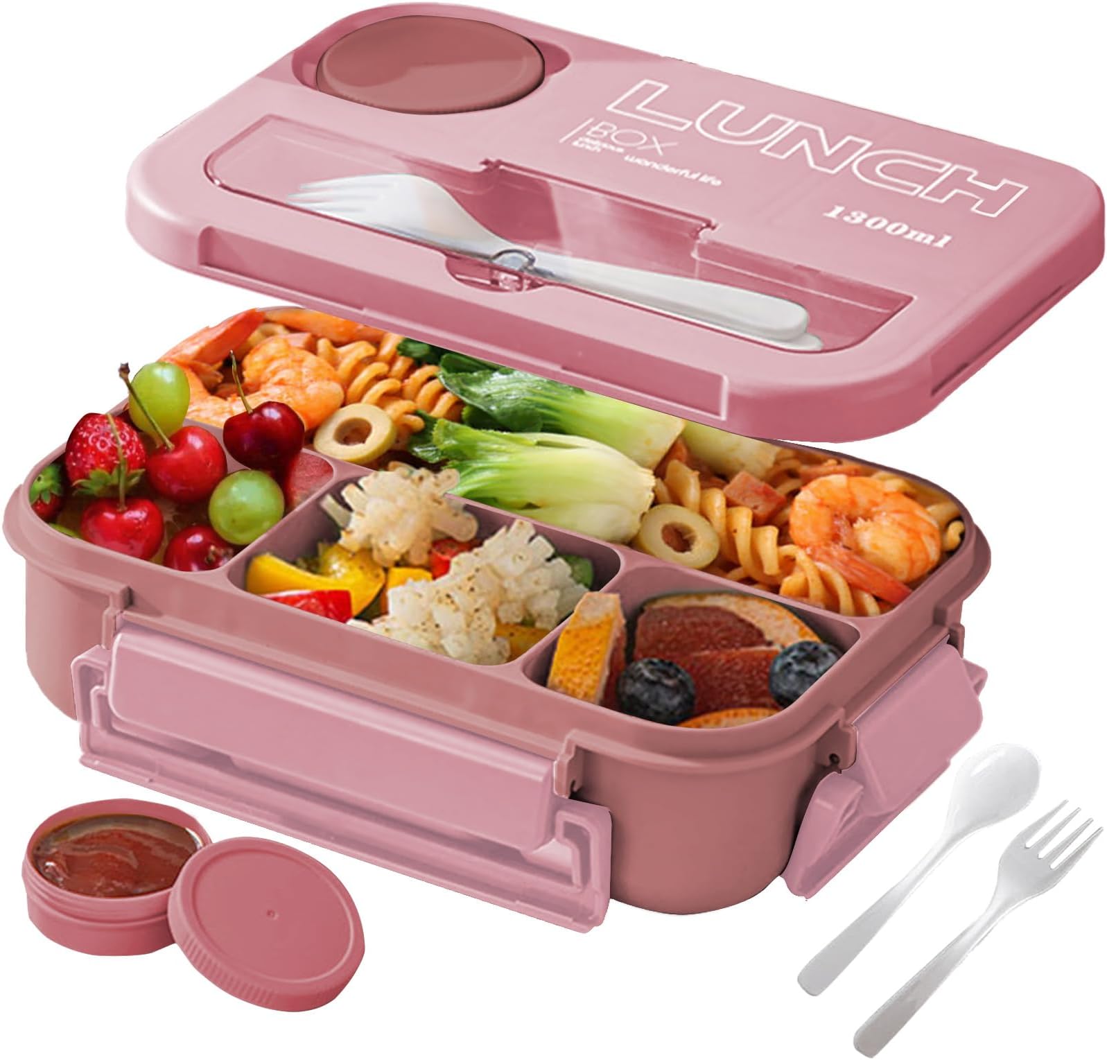 YumLock Lunch Box Set - 1300ml Bento Box with 4 Compartments, Utensils, & Sauce Container for Meal Prep & On-the-Go, Pink