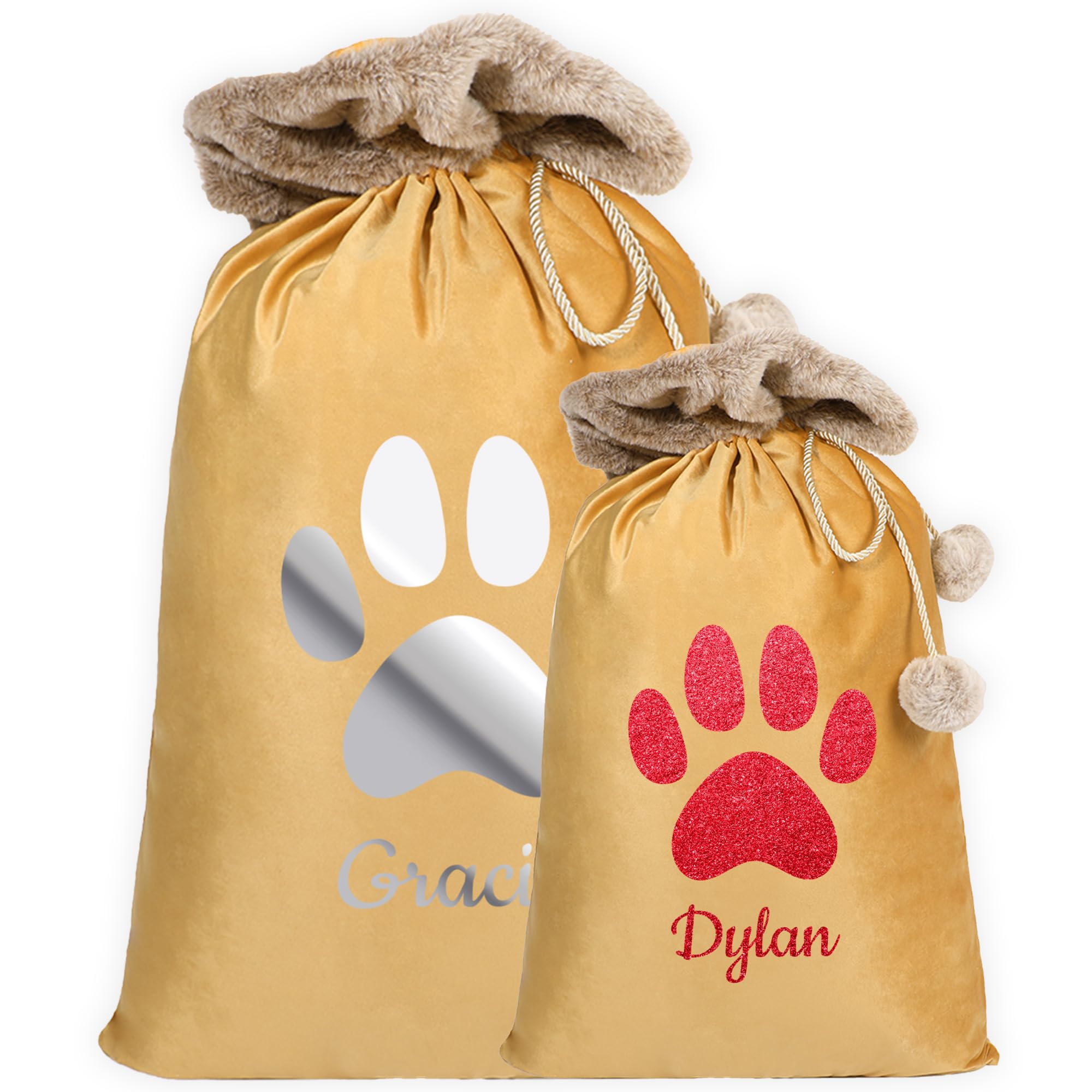 Print Maniacs Gold Personalised Velvet Santa Stocking Sack With Luxury Fur Trim Santa Paws - Christmas Santa Sack - Christmas Delivery Sack