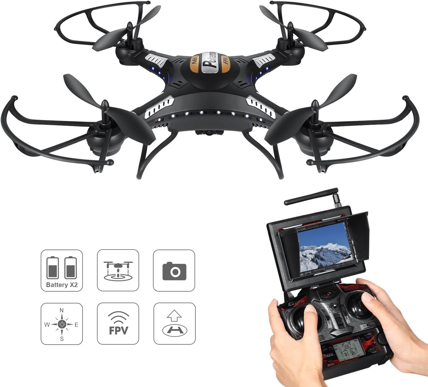 Drone with Camera, Potensic F183DH Drone RC Quadcopter RTF Altitude Hold UFO with Newest Stepless-speed Function,2MP Camera& 5.8Ghz FPV LCD Screen Monitor - Black …