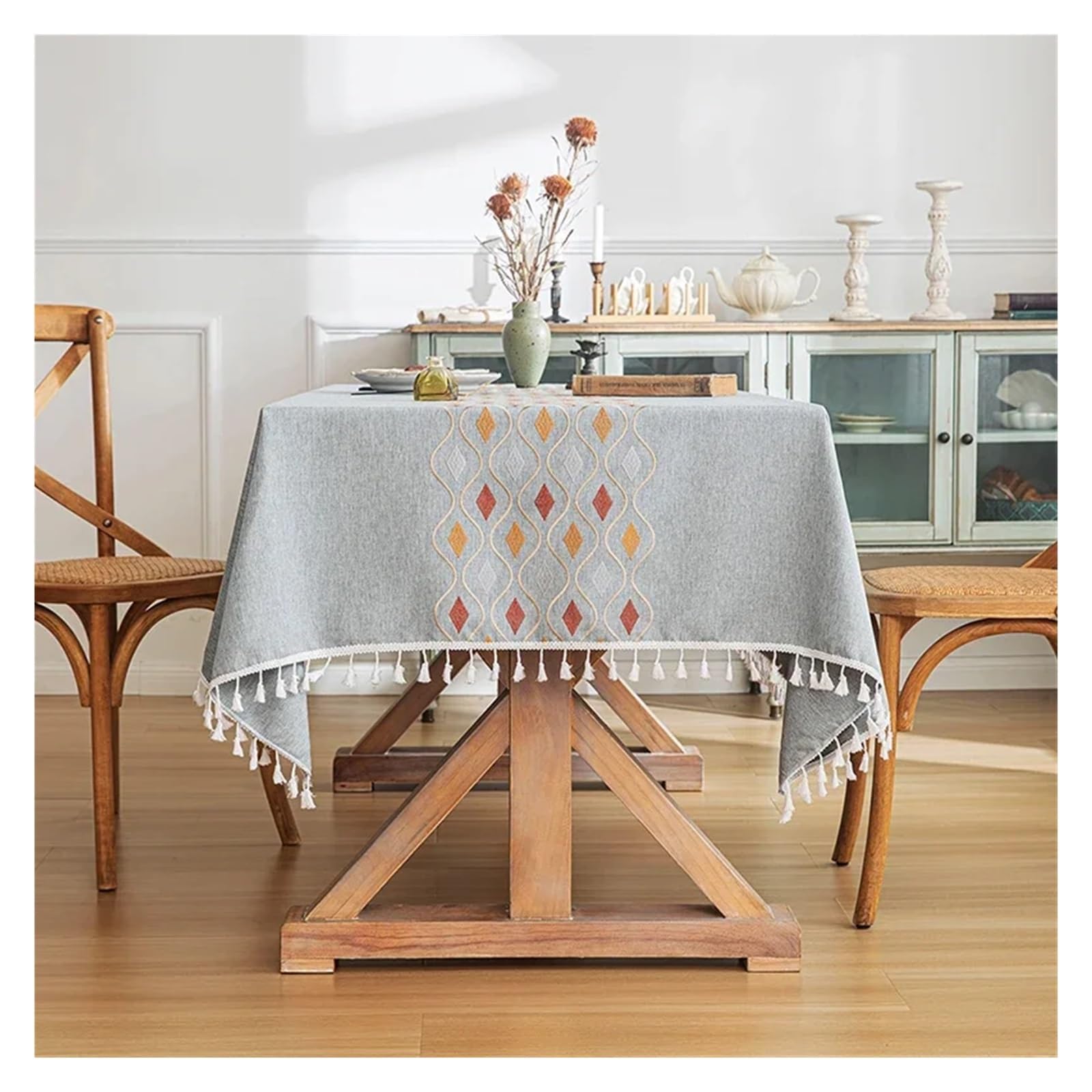 Mzsklw Blue A Waterproof Tablecloth Rustic Embroidery Tablecloths Cotton Linen Pattern Rectangle Waterproof Table Covers For Kitchen Living Room Decor(,140X300cm 1Pc)