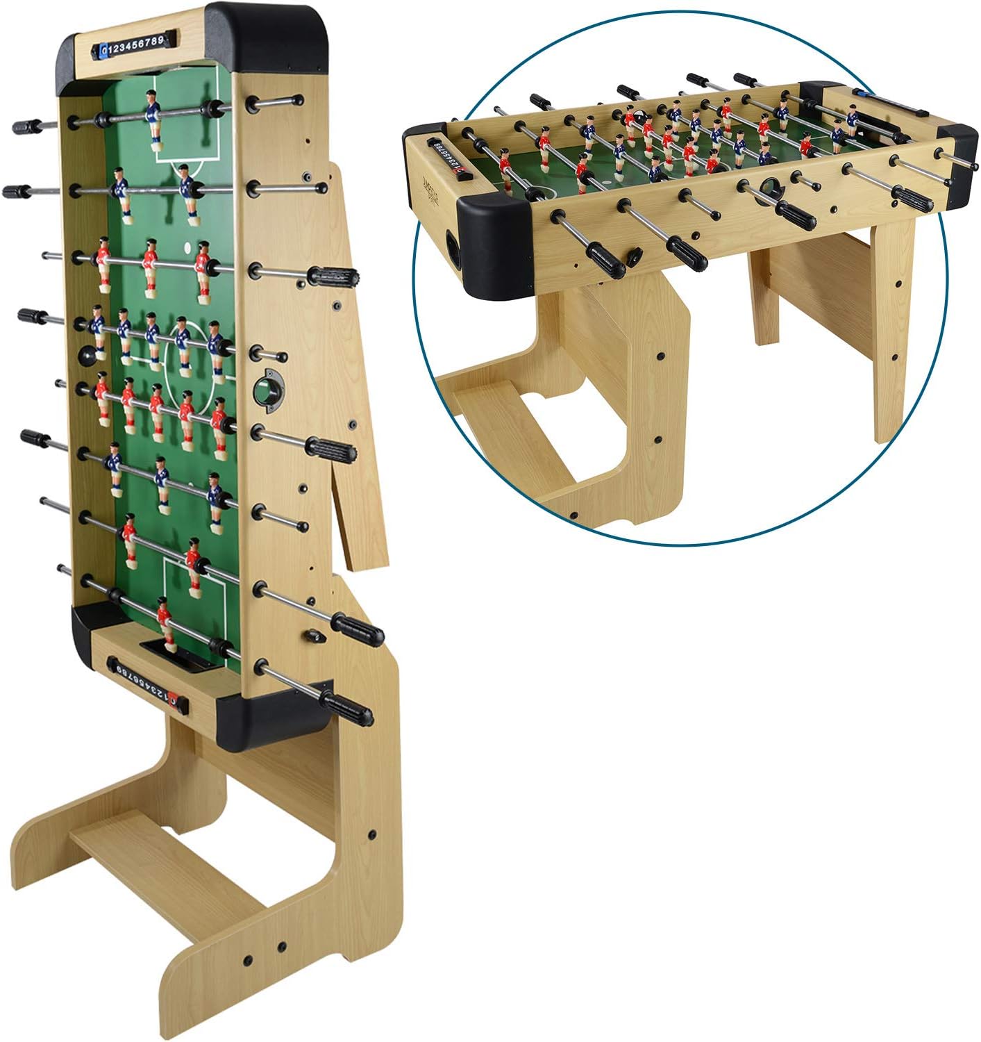 4ft Free Standing Folding Football Table, Indoor Fussball Soccer Game, Pine Laminate Finish, Kids Family Games Room Fun