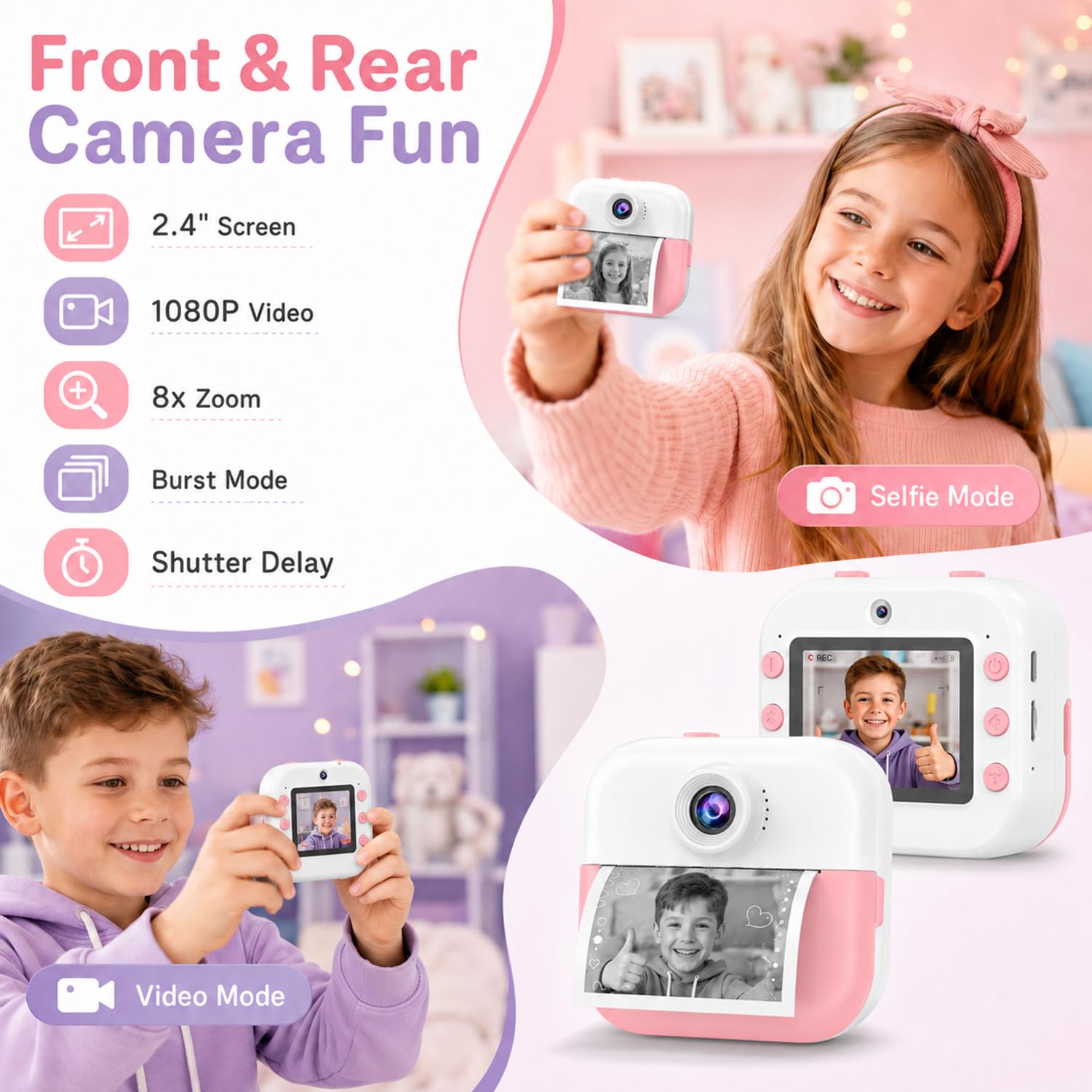 Cámara de impresión instantánea para niños, impresiones de liberación rápida, regalos de cumpleaños de Navidad de 6 a 12 años, selfie digital con videos de 1080P, juguete portátil de viaje