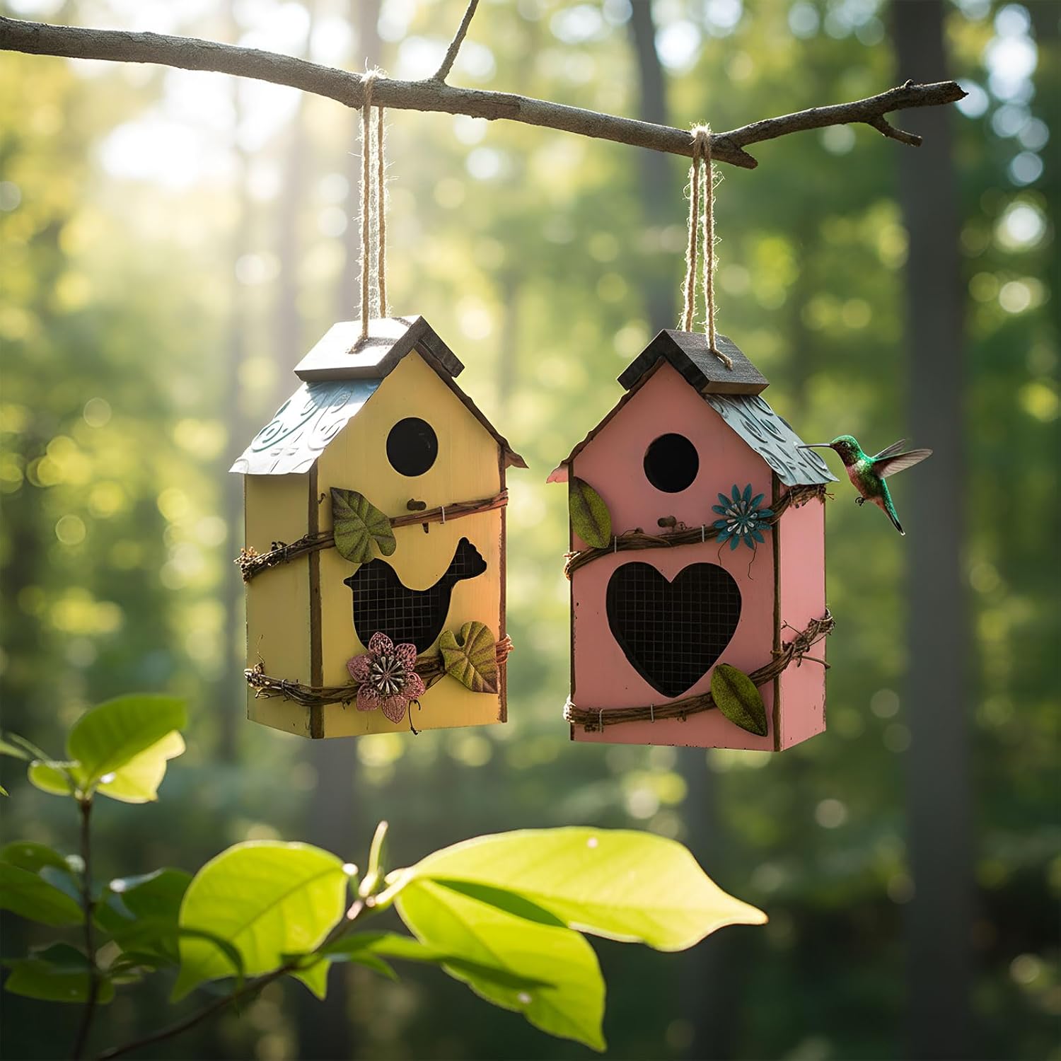 2 Pcs Birdhouses for Outdoor Hanging Yard Outside Wooden Birdhouse Hand Painted Bird Box for Bird Lovers Bluebird Tree Garden Decor Decorative Birdhouse(Pink,Yellow,Iron Roof)