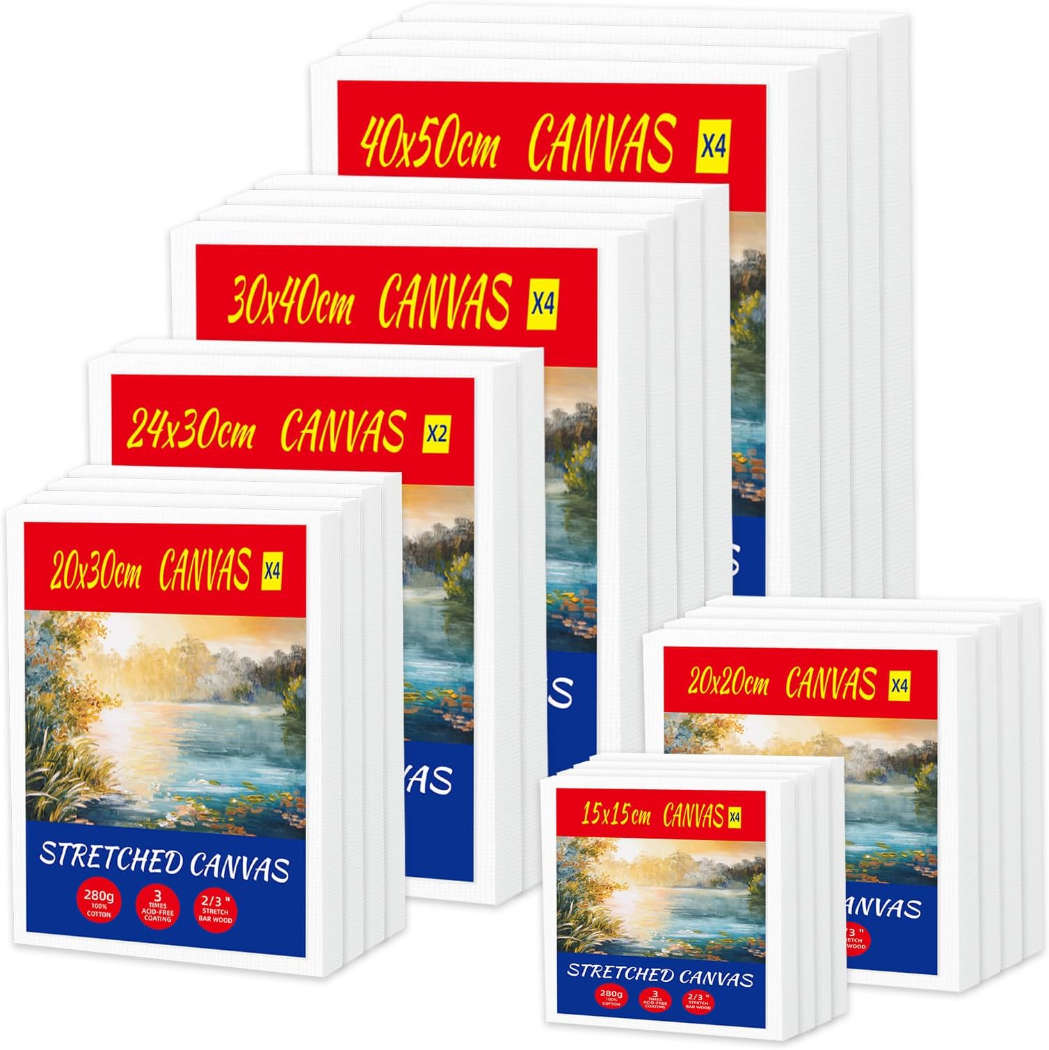 – 22-Pack Stretched Canvas Set – 6 Sizes from 15x15cm to 40x50cm, 280gsm 100% Cotton Duck with Seed Husk Fibre, Triple Acid-Free Primer, Reinforced Pine Frame for Oil, Acrylic & Mixed Media