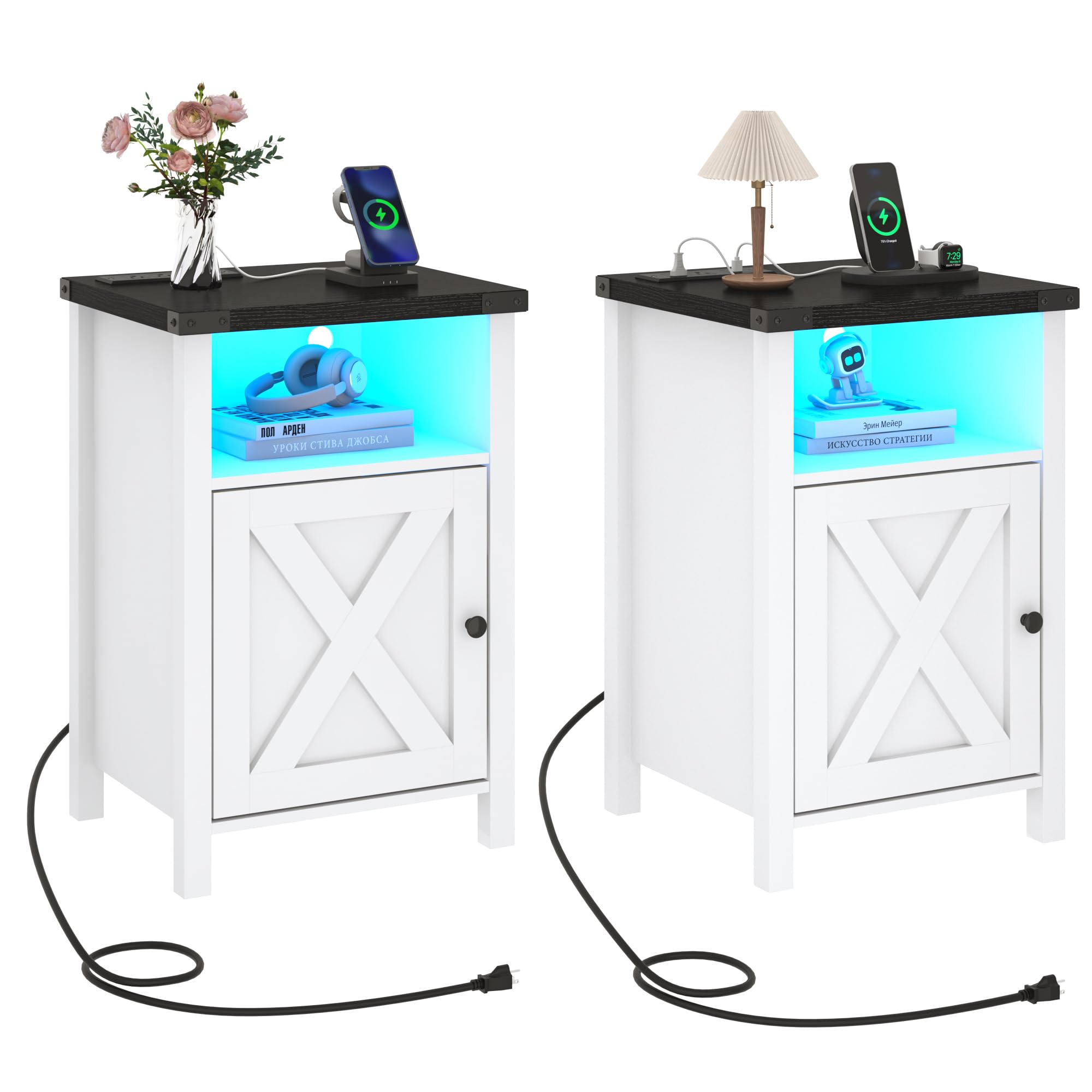 Hlivelood Farmhouse LED Nightstand Set of 2 with Charging Station, Rustic End Table with Barn Door & Storage Shelf, Bedside Table for Bedroom, Living