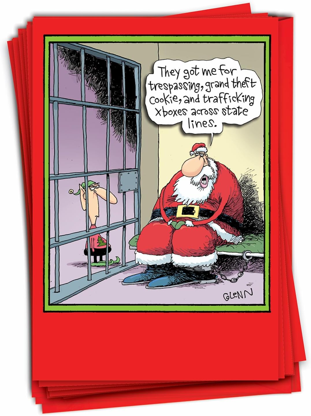 NobleWorks - Box of 12 Funny Christmas Greeting Cards with Envelopes, Humor Holiday for Men and Women (1 Design, 12 Cards) - Santa in Jail B5835