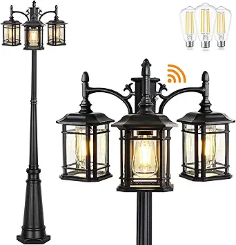 PARTPHONER Dusk to Dawn Outdoor Lamp Post Lights, Black Light Pole with Clear Glass Panels (3 LED Bulbs Included), 3-Head Hardwired Waterproof Outside Street Lights for Backyard Garden Driveway