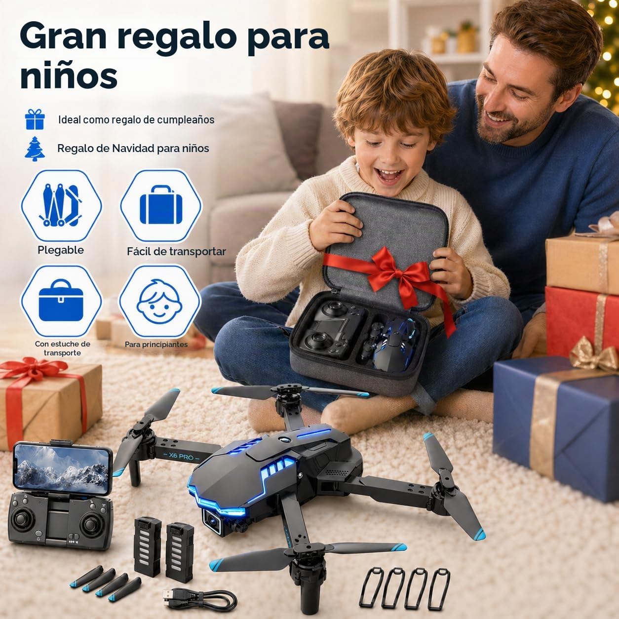Dron con Cámara 1080P para Niños y Principiantes, Mini Drone Plegable FPV con Motor sin Escobillas, 2 Baterías, Retención de Altitud, Modo sin Cabeza, Juguetes Regalo para Niños y Adultos (Blue)
