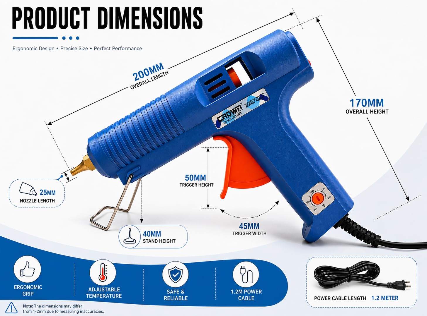 Crown 150W Heavy Duty Glue Gun with Temperature Control Regulator & Thin Nozzle for Precise Glue Output (DIY & Professional Use) + 5 Glue Sticks - CR-150