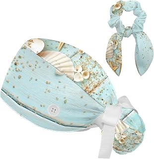 FVQL 2 Pieces Surgical Cap for Long Hair Scrub Cap with Hairband Nurse Cap, Seashell Starfish and Wooden Board
