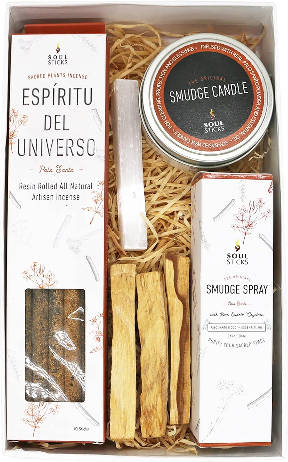 SOUL STICKS Shaman's Kit | Gift Set with Espiritu Incense Sticks, Sage Smudge Stick, Smudge Candle, Smudge Spray, 4 Selenite Wand in White Gift Box (Palo Santo)