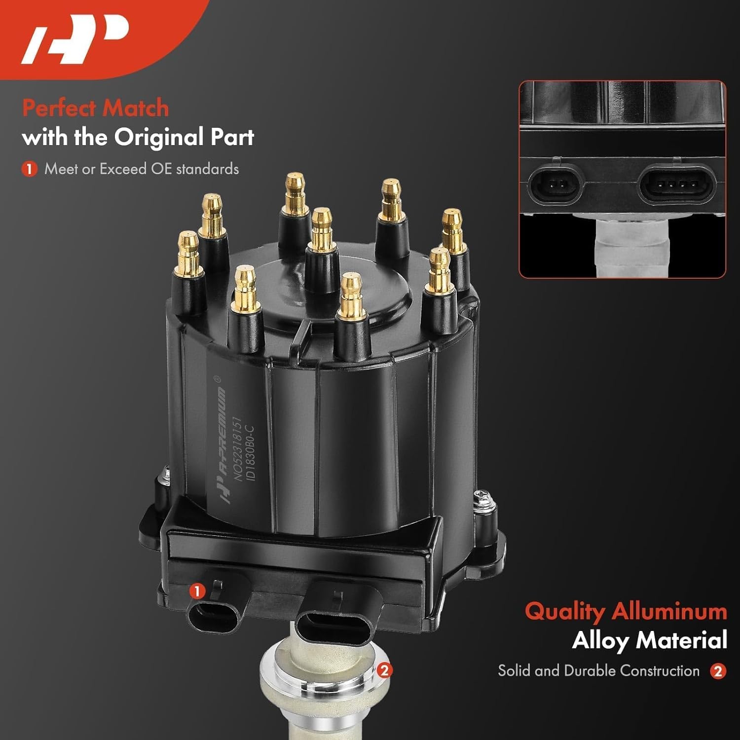 A-Premium Ignition Distributor with Cap and Rotor Compatible with Chevy, GMC Vehicles - V8 5.0L, 5.7L, 7.4L - C/K 1500 2500 Pickup, Camaro, Blazer, Yukon, Jimmy, C60, P30, Tahoe - 1987-1997, Black Cap