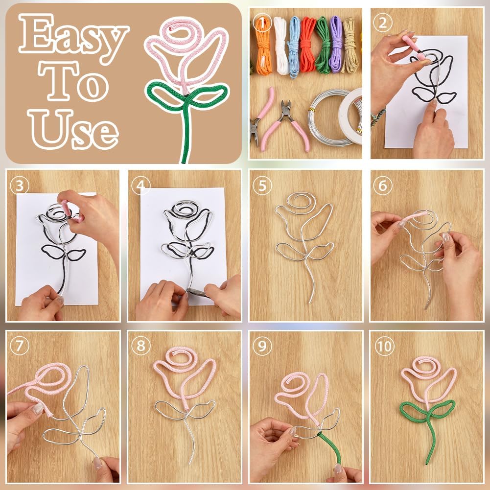 PH PandaHall DIY Flower Craft Kit Easy Wire Flower Making Kit, Metal Flowers Art Craft Set with 10 Colors Knit Rope and 2 Sizes Wire for DIY Crafts Project Home Wedding Birthday Party Decor