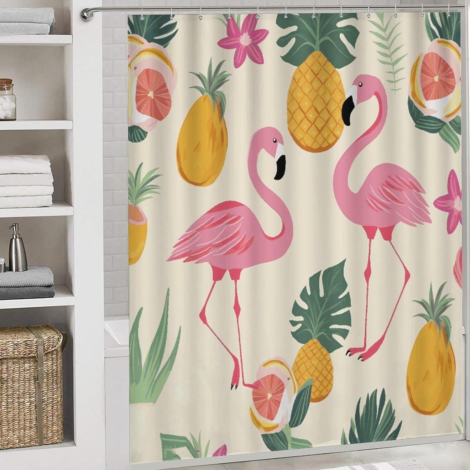 Flamingos and Pineapples 4Pcs Shower Curtain Set with Non-Slip Rugs, Toilet Lid Cover and Bath Mat,Bathroom Set Decor Accessories,Curtain Set with 12 Hooks, 72 X 72 Inch