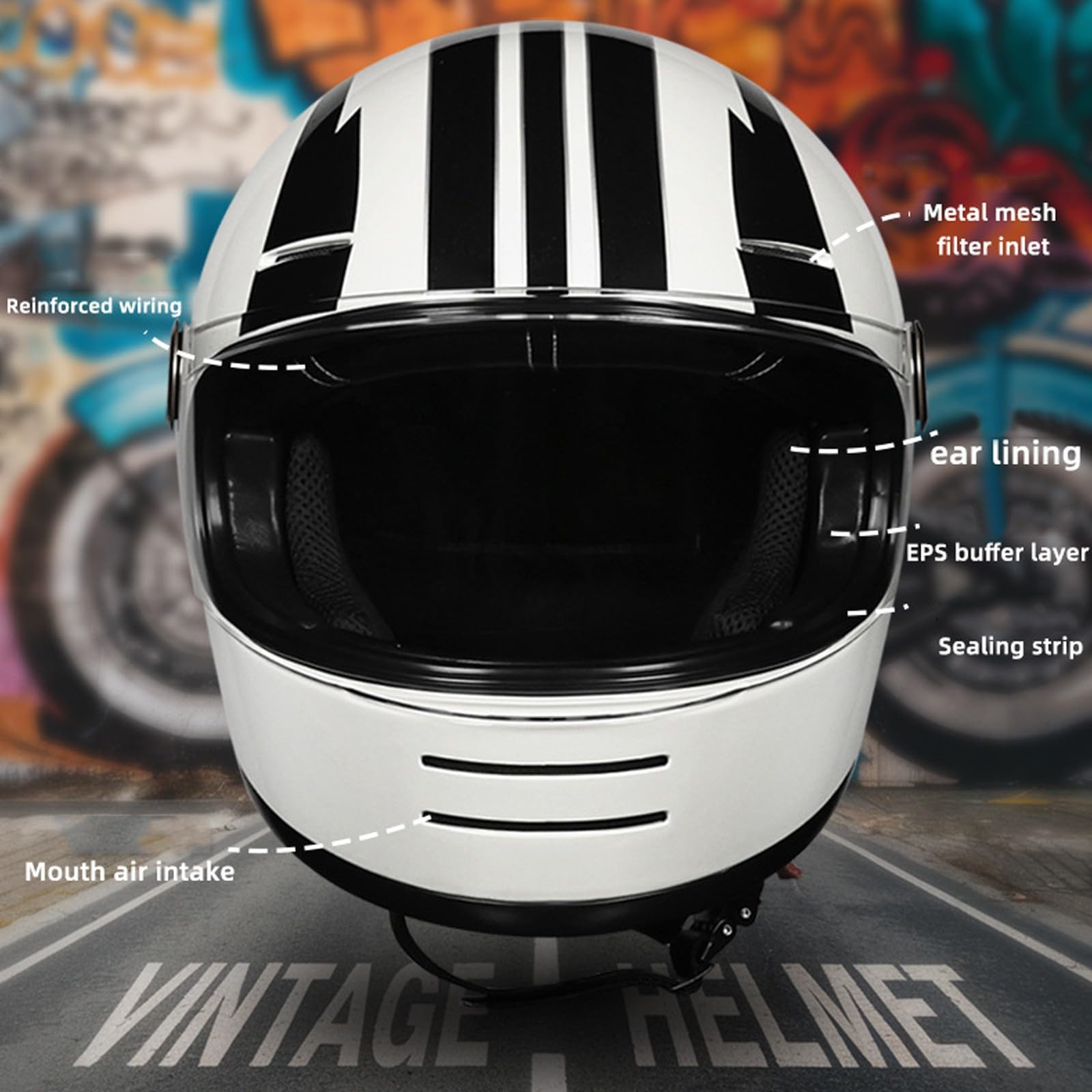 Casco Integral para Motocicleta, Homologado Según La Norma ECE R22-06, Cascos De Motocicleta Vintage con Máscara y Guantes para Hombres y Mujeres Adultos B,M (55-56cm)