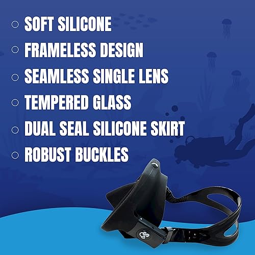 Miniatura 4 de Spartacus Frameless Dive Mask, Ultra-Clear Low-Iron Glass, Wide View, Low Volume, 100% Silicone Skirt, Dark Blue