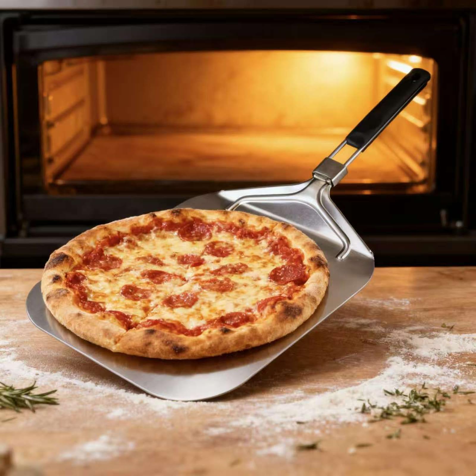 Pala per Pizza Corta, Professionale 31,5 x 32cm, con Manico Forata Pieghevole per Forno,outdoor pizza oven accessories and indoor baking use