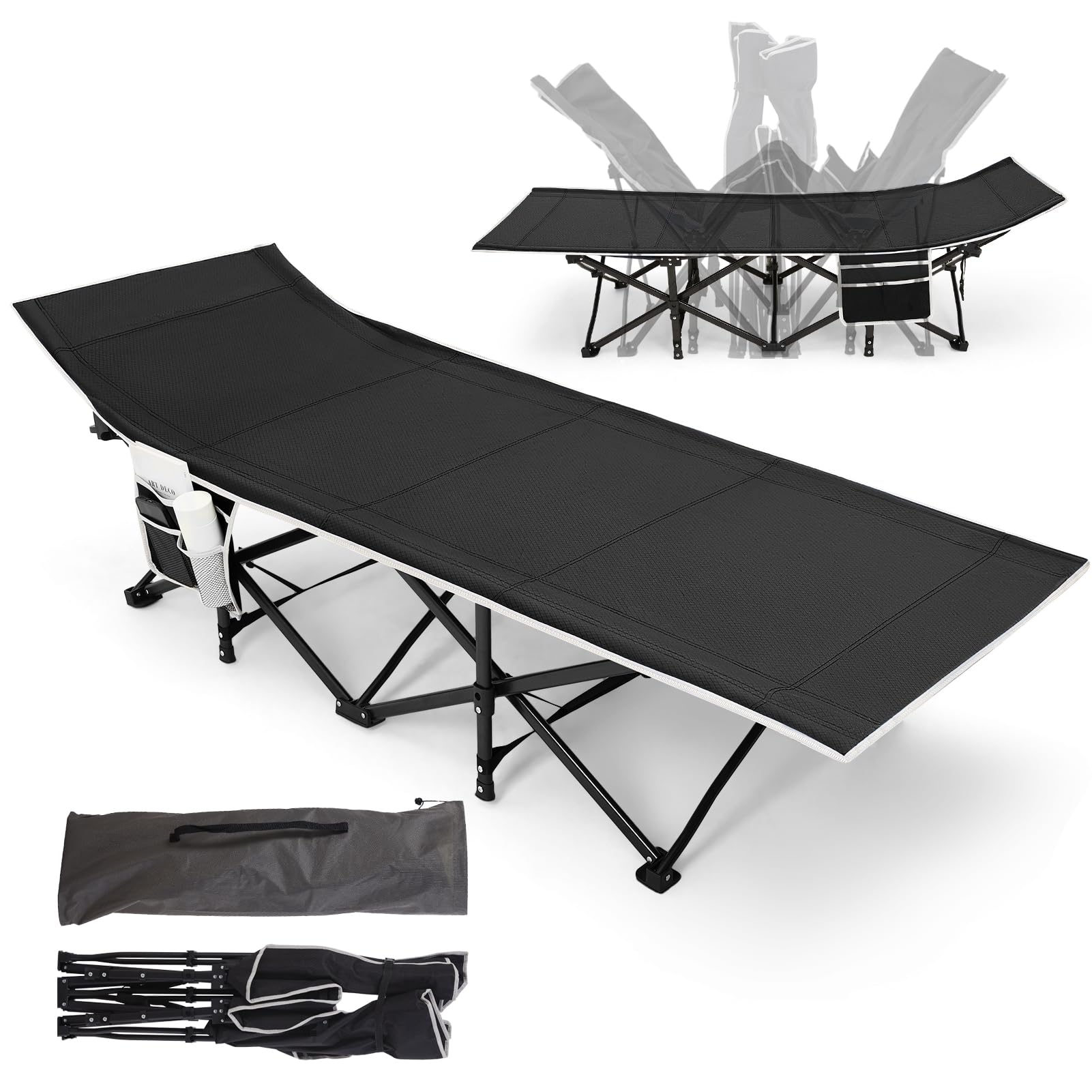 Warmiehomy Single Person Camping Bed for Adults, Folding Camp Bed, Heavy Duty Camping Beds Up to 280 kg, Portable Camping Cot with Carry Bag for, Lightweight Camp Cot for Outdoor Fishing Office Black