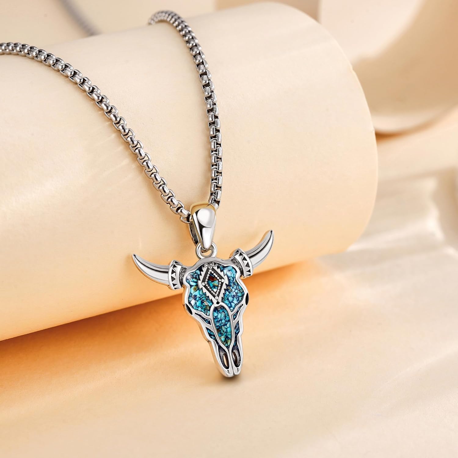 Turquoise Cow Skull Necklace Sterling Silver Cow Head Pendant Western Christmas Jewelry for Women
