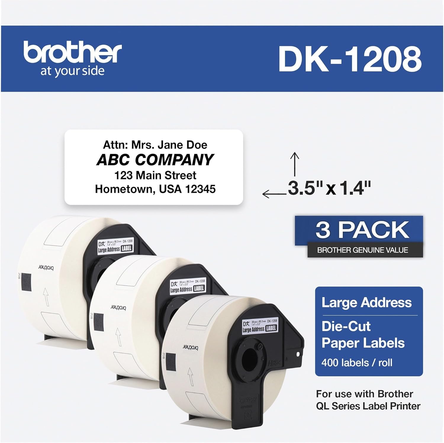 Brother Genuine DK-1208 Die-Cut Large Address Labels, Long Lasting Reliability, Die-Cut Large Address Paper Labels, 400 Labels per Roll, (1) Roll per Box - DK1208, White (DK12083PK)