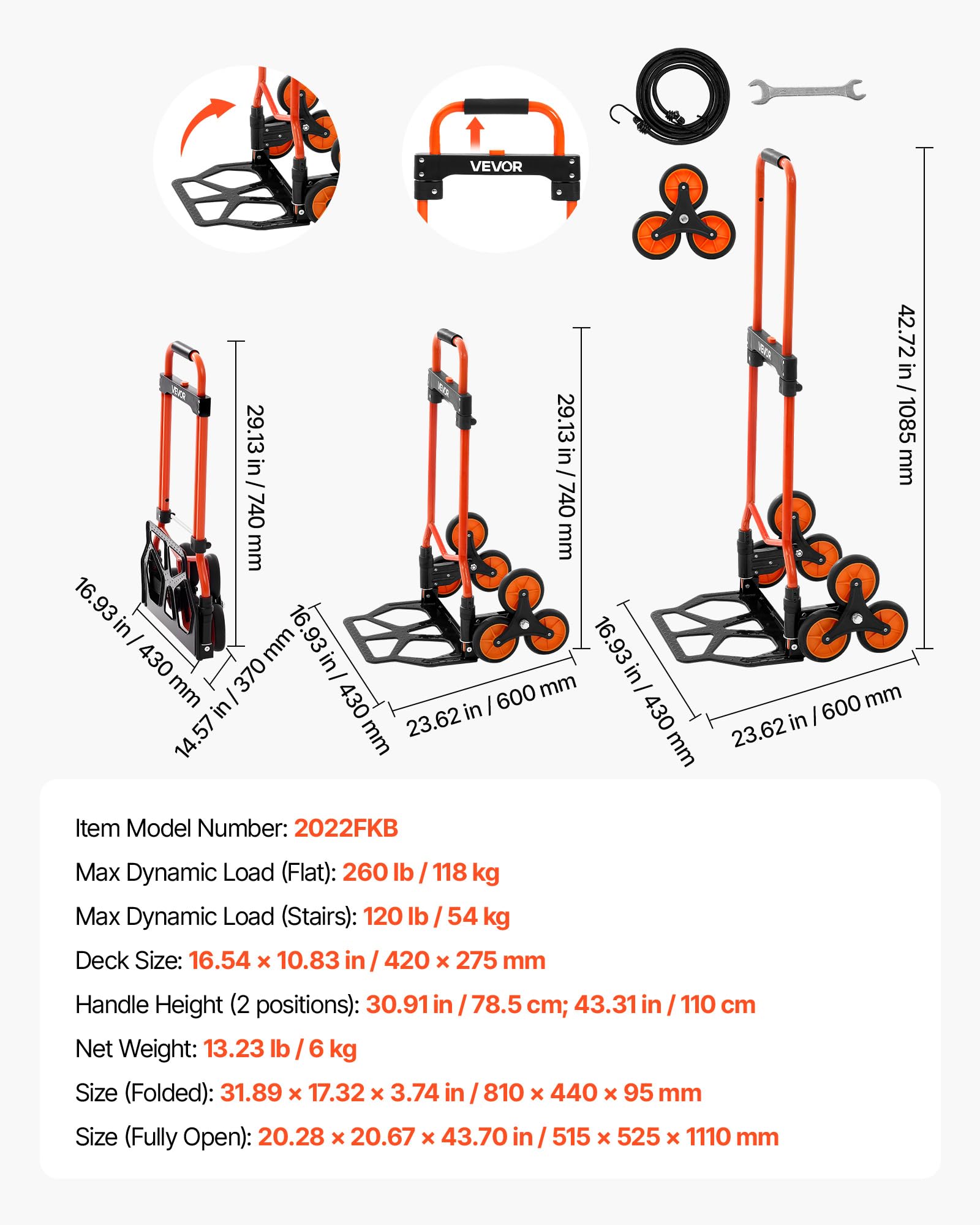 VEVOR Carretilla de Mano Plegable con Asa Telescópica, Carga Máxima 54 kg, Carro Sube Escaleras Resistente, Marco de Acero al Carbono, con 2 Cuerdas y 6 Ruedas, para Almacén Compra Oficina y Hogar