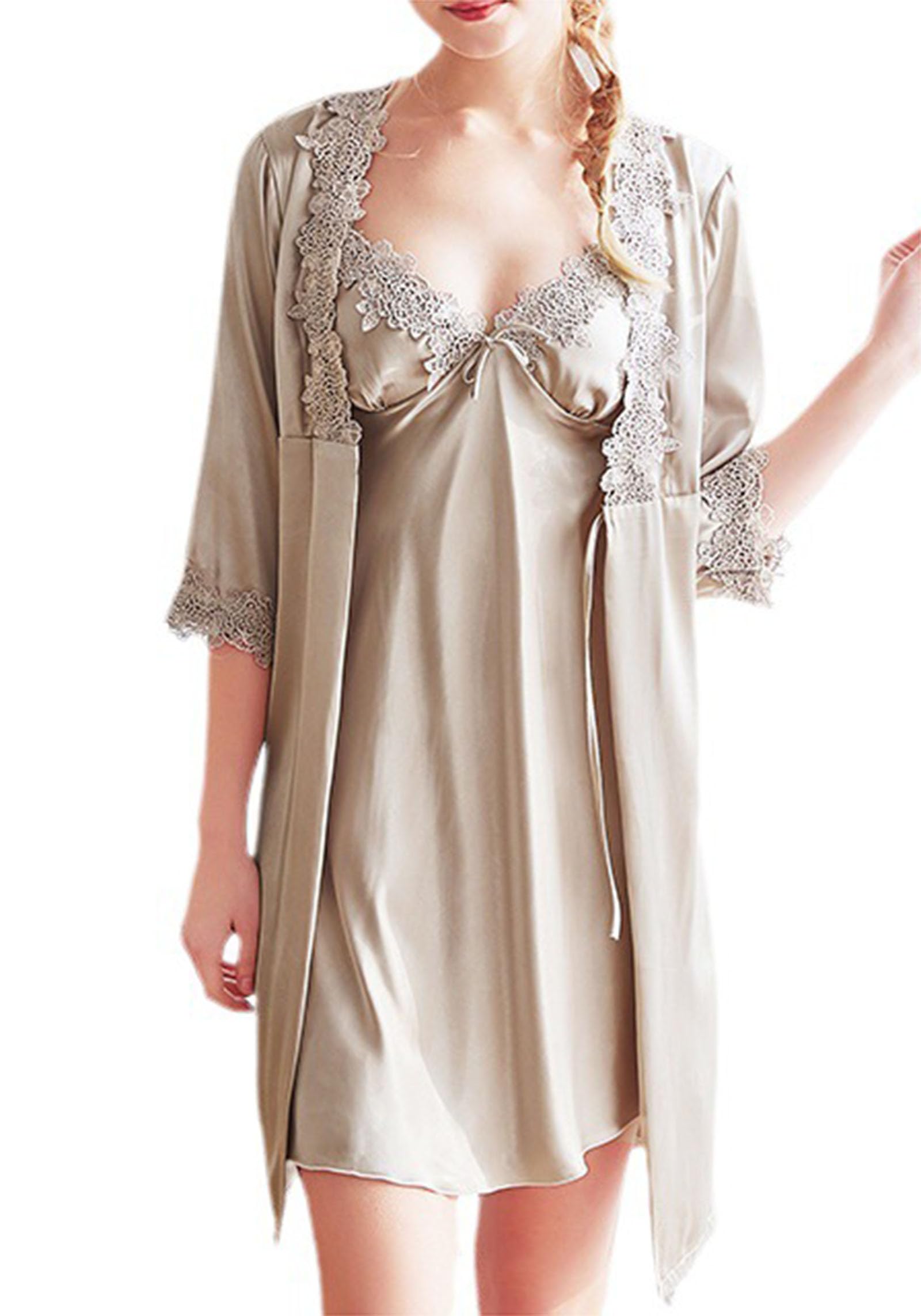 Vêtements de Nuit Chemise de Nuit à col en V pour Femmes avec Peignoirs Ensemble 2 pièces Sexy Dentelle Cami Vêtements de Nuit