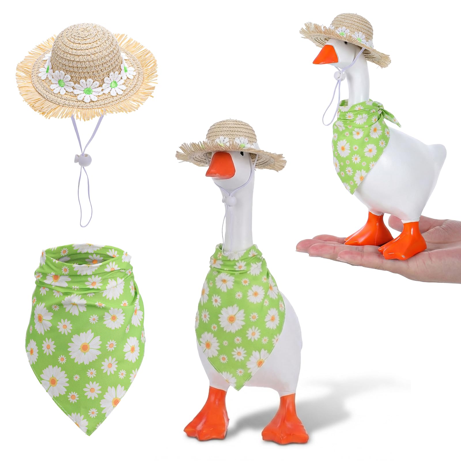 Photo 1 of 2 Pcs Porch Goose Outfits with Hat and Triangular Silk Scarf, Spring Daisy Magnetic Goose Statue Clothes Accessories Cute Gooses Figurine Decor for Duck Key Holder Table Home Decoration (Green)