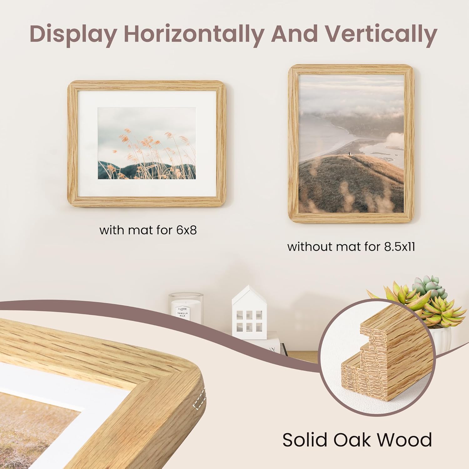 8.5 by 11 Picture Frame - Solid Oak Wood 8.5x11 Fram, 8 1/2 x 11 Diploma Frame With Mat For 6x8, Tabletop and Wall Display, Hanging Hardware Included, Certificate Document Frame, Natural Oak - Image 4