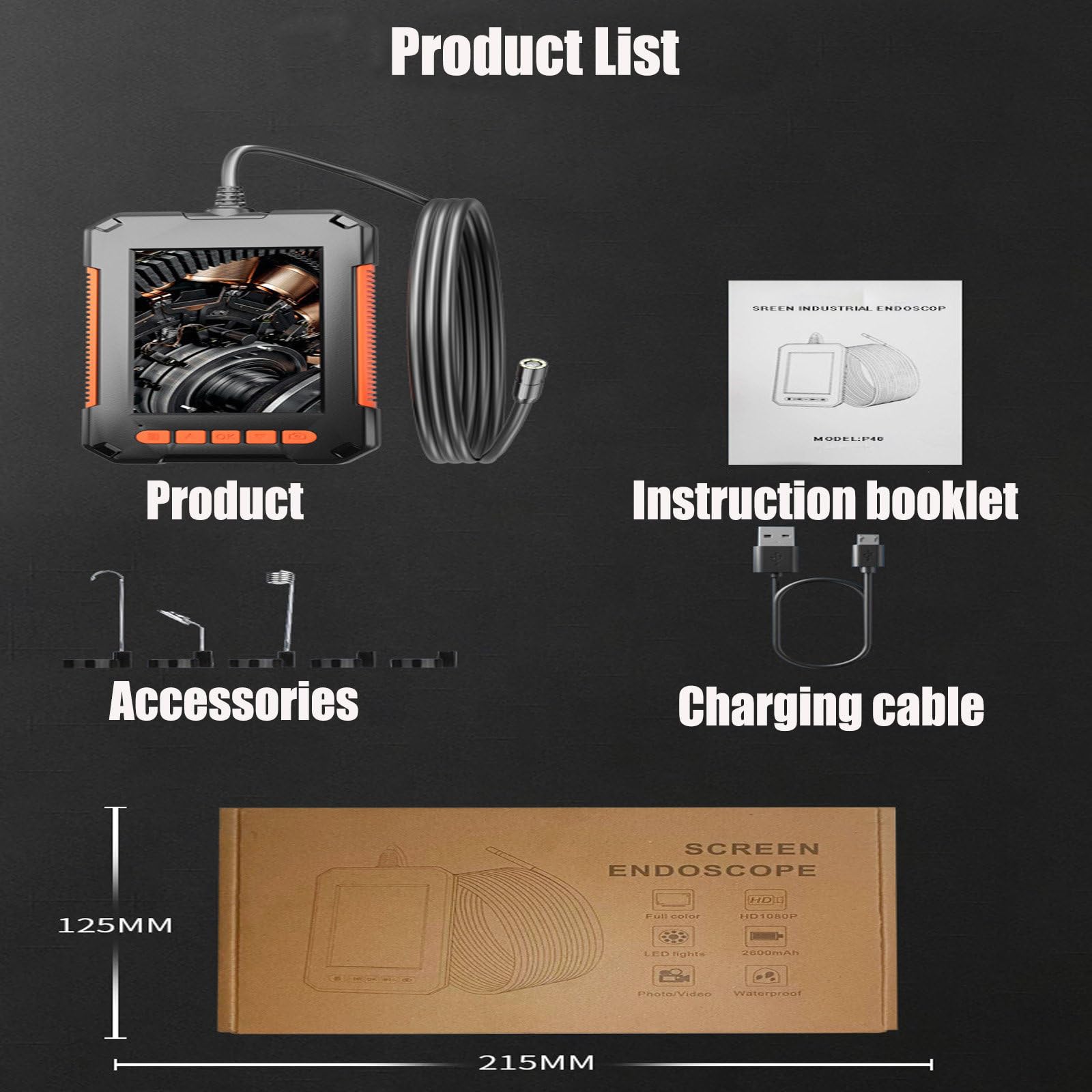 Kamera inspekcyjna Borescope 8,8 mm, ekran 4,3 cala 1080p HD Kamera wężowa ze światłem, półsztywny kabel, do naprawy silnika samochodowego, kontroli węża, 6,5FT