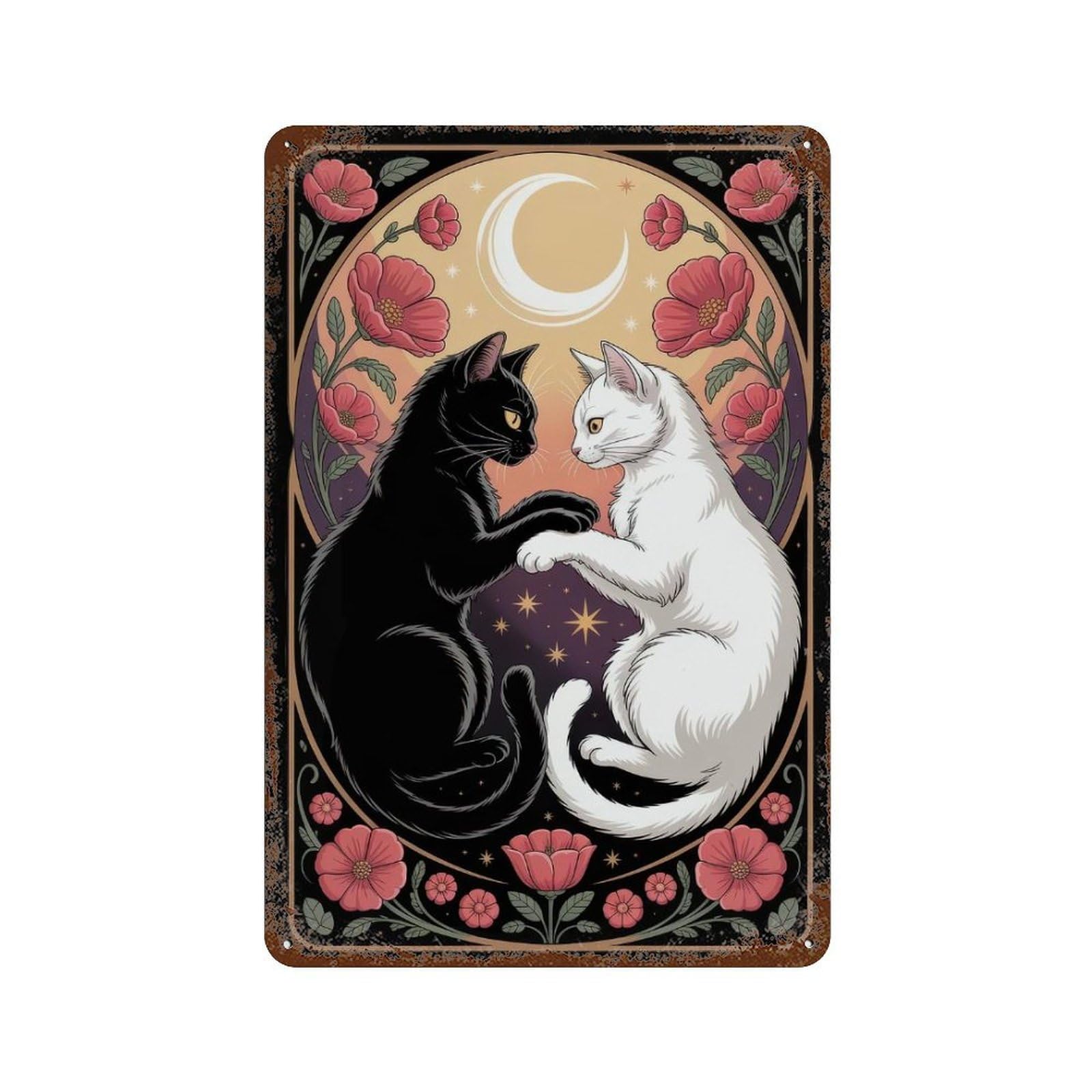 Rust Effect Yin Yang Cats with Moon And Flowers Rustic Tin Plaque 11.8"x7.9", Industrial Home Decor for Bistro, Counter And Cafe Decor