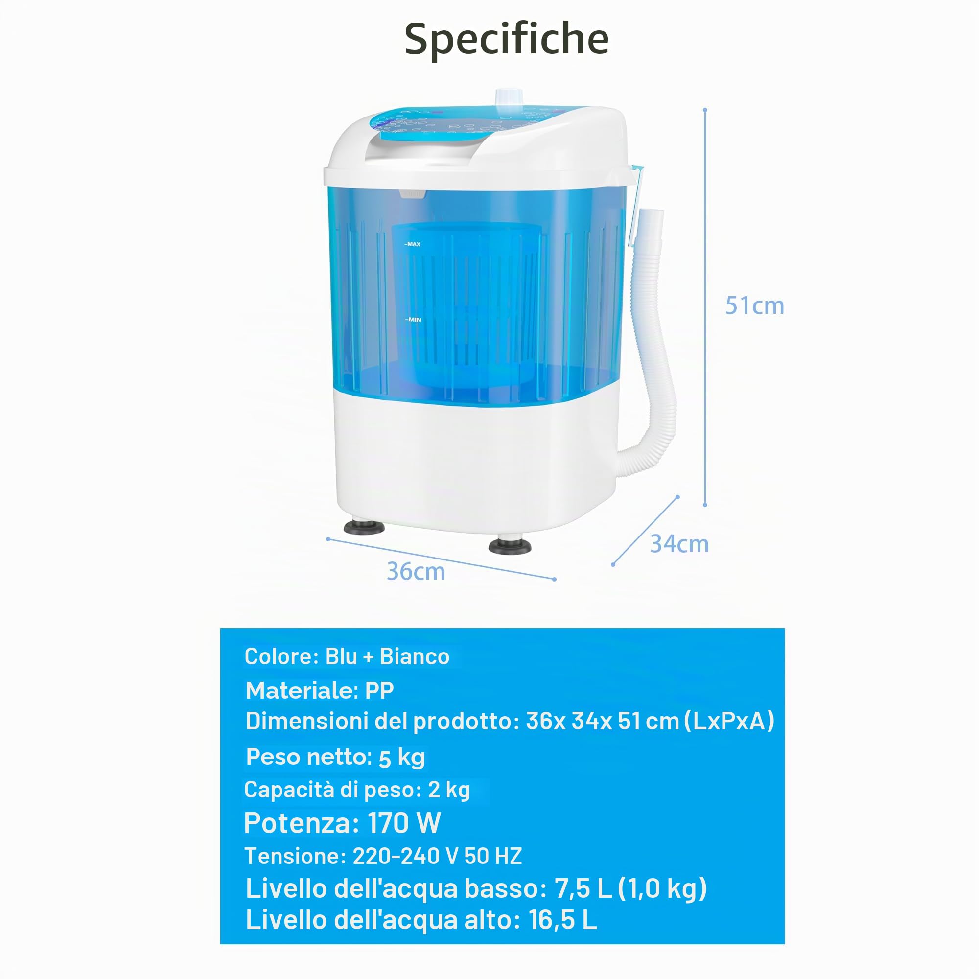 SOARS Mini lavatrice con centrifuga, lavatrice da campeggio fino a 2 kg, 170 W, con tubo di scarico, lavatrice toploader, 36 x 34 x 51 cm