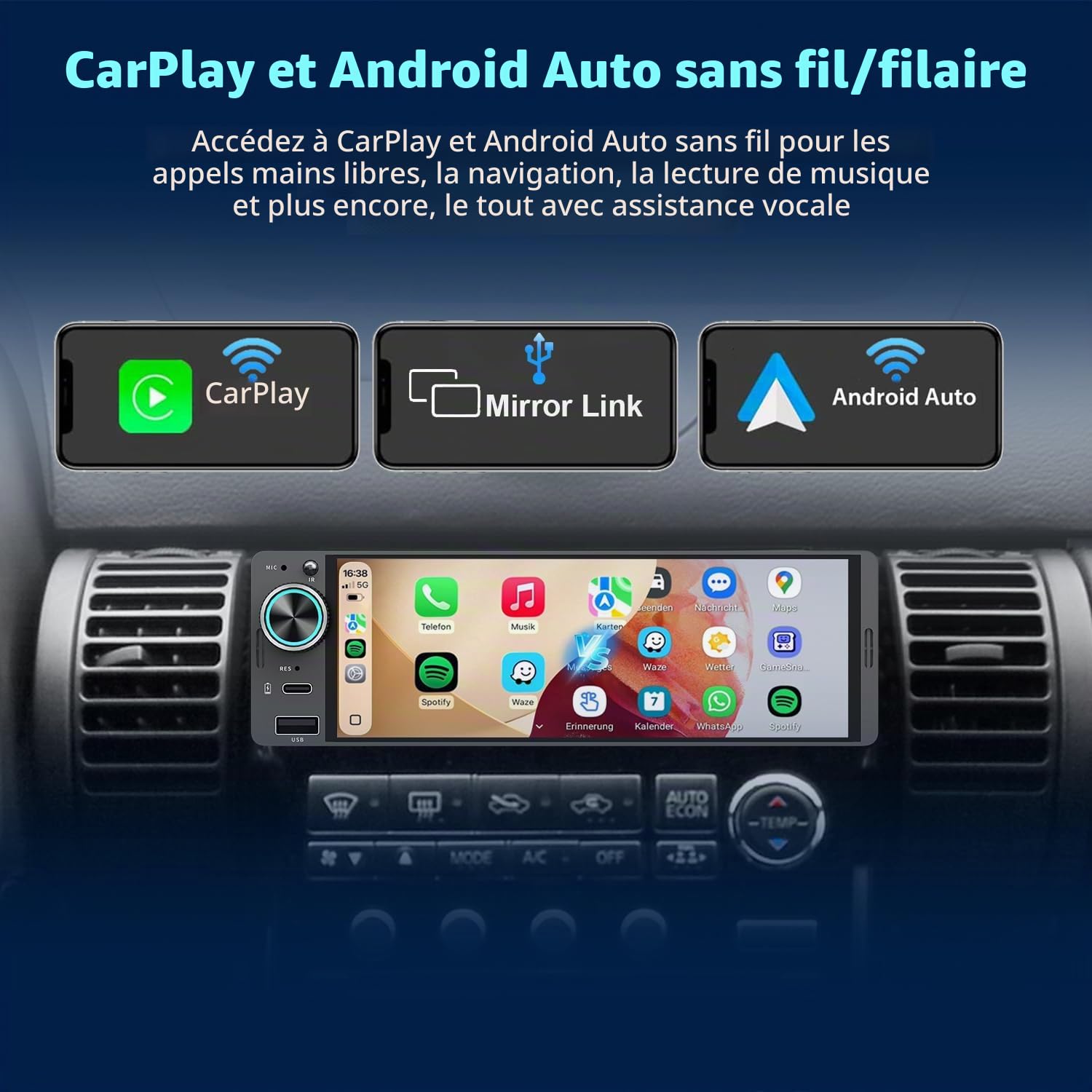 Autoradio 1 DIN avec écran Tactile (6,3") Compatible avec Apple CarPlay [Wireless] / Android Auto Bluetooth Type-C USB (Charge Rapide 3A) AM/FM RDS Radio Caméra de recul
