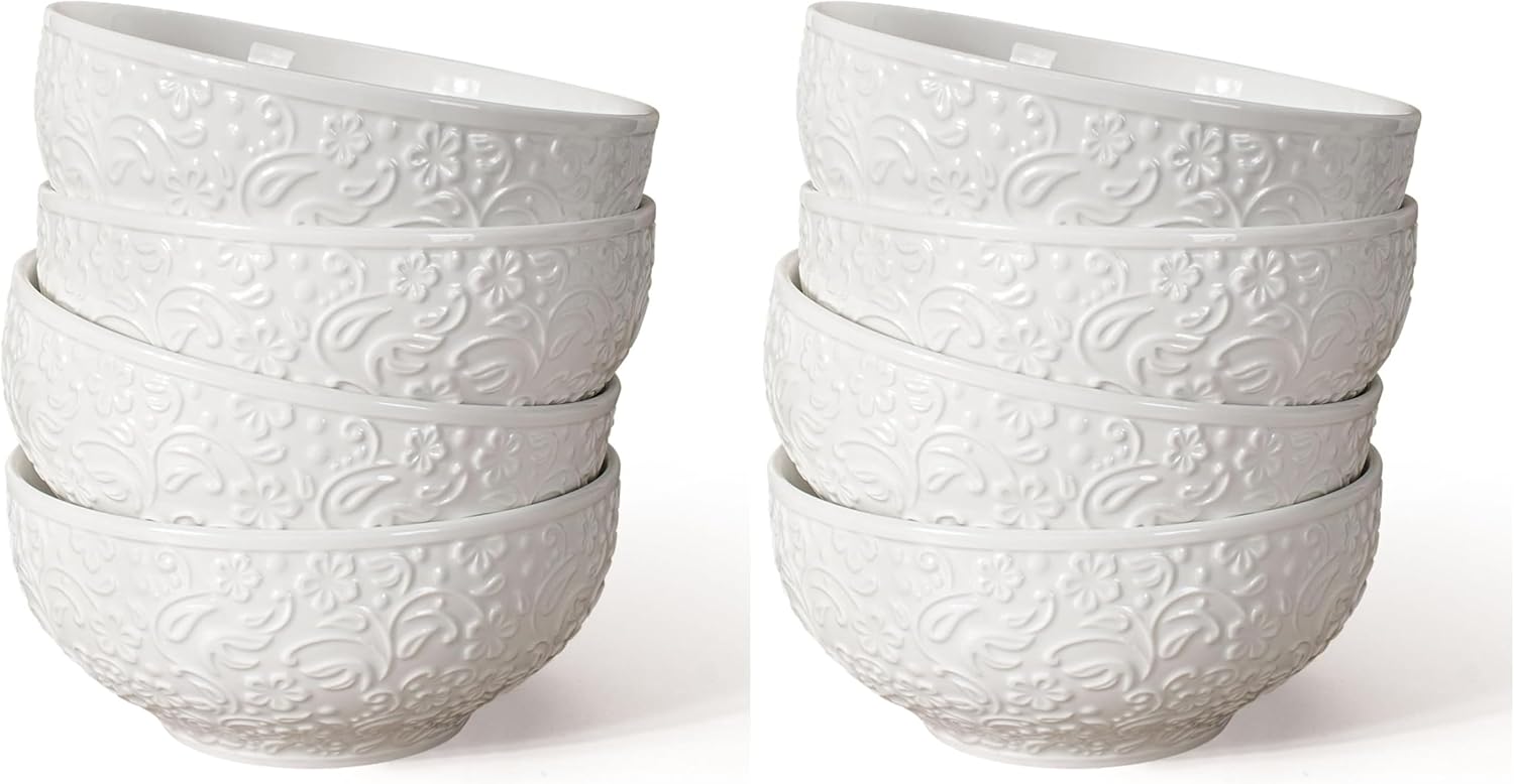 Artena Ceramic Cereal Bowls 26 oz, Embossment Soup Bowls Set of 4, White Salad Bowl for Kitchen, Dinner, Breakfast, Oatmeal, Rice, Pasta, Dishwasher Microwave Safe, 6 inch (Flower) (Pack of 2)