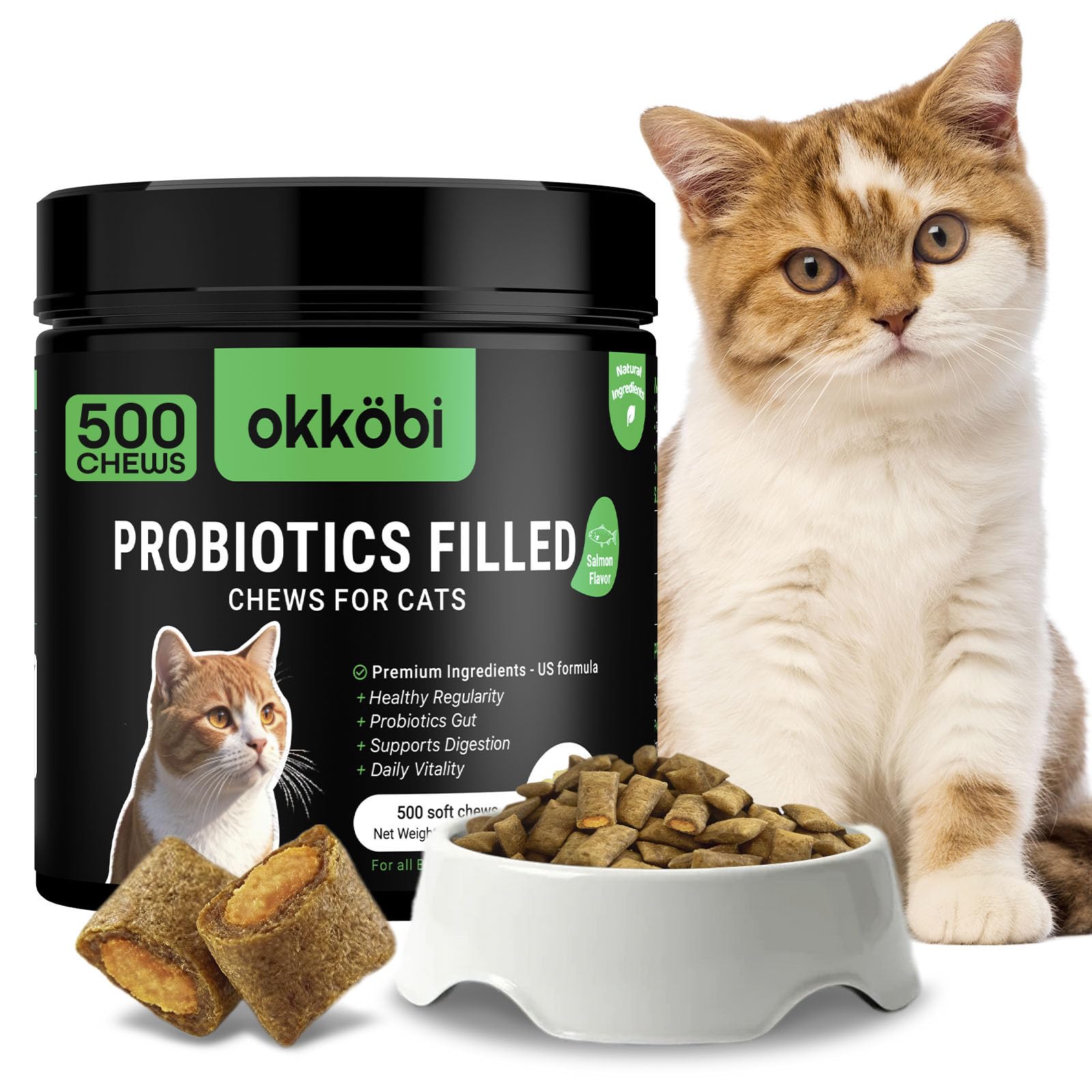 Probiotics for Cats Chews 500PCs - Digestive, Gut Health & Diarrhea Support - Probiotic Chews For Feline - Crunchy & Creamy with Cat Probiotics, Enzymes & Natural Ingredients - Salmon