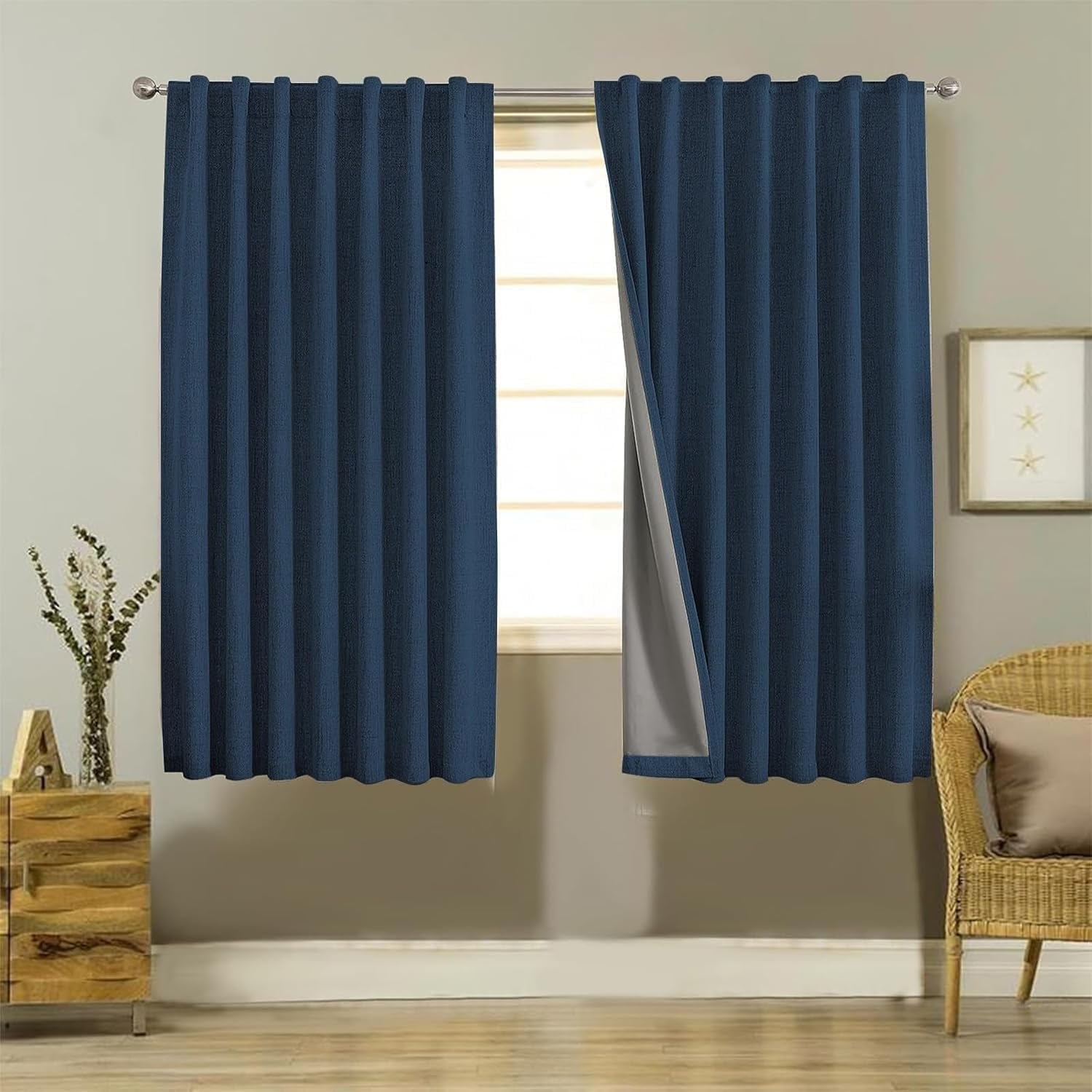 Joydeco Blackout Thermal Lined Curtains 46x54 Inch Drop 2 Panels with Back Tabs & Rod Pocket, 100% Light Blocking Linen Texture Fabric Curtain Drapes for Living Room Bedroom
