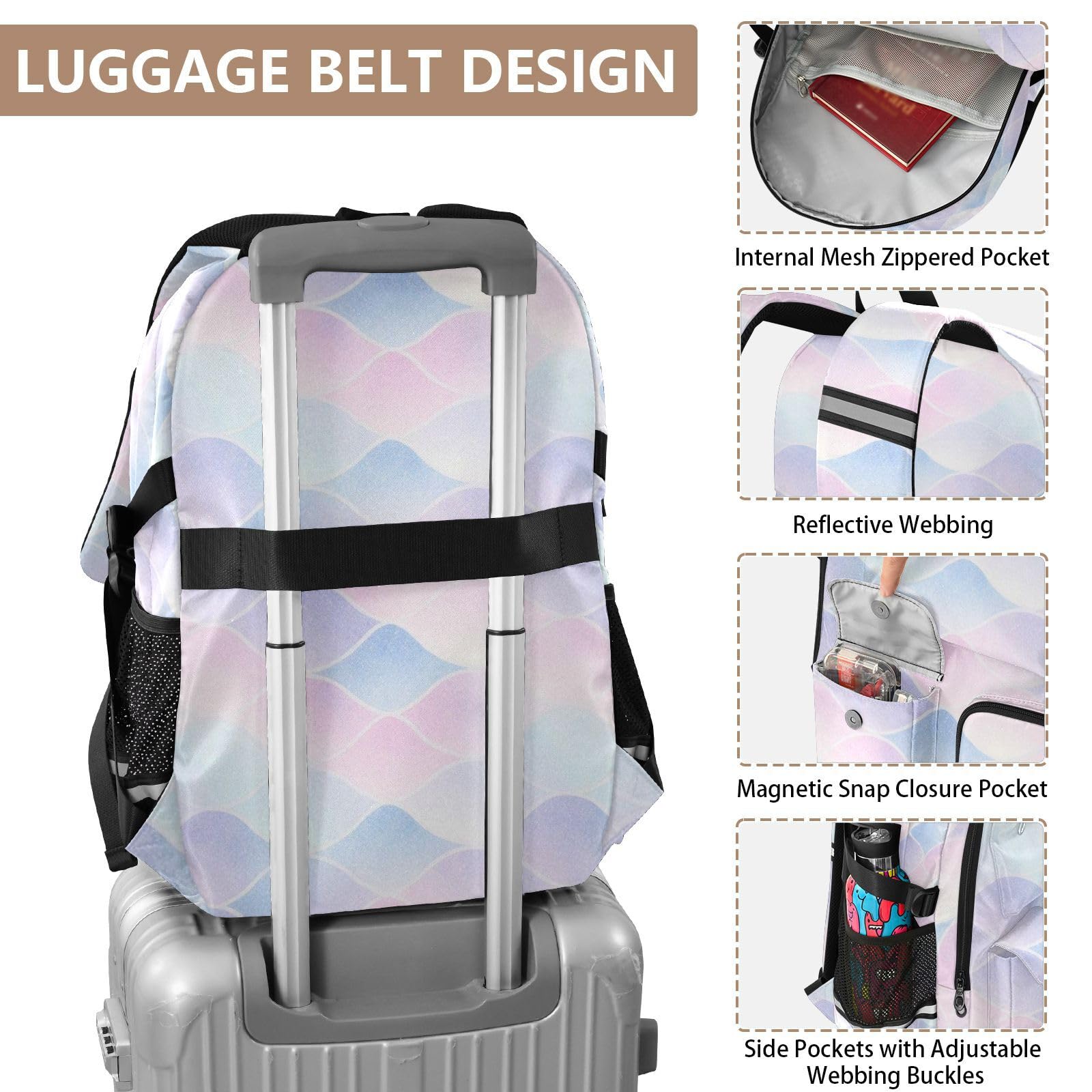 Zaini da viaggio per computer portatile, motivo: squame di sirena, glitterati, blu, viola, pastello, borsa da lavoro, 44,5 cm