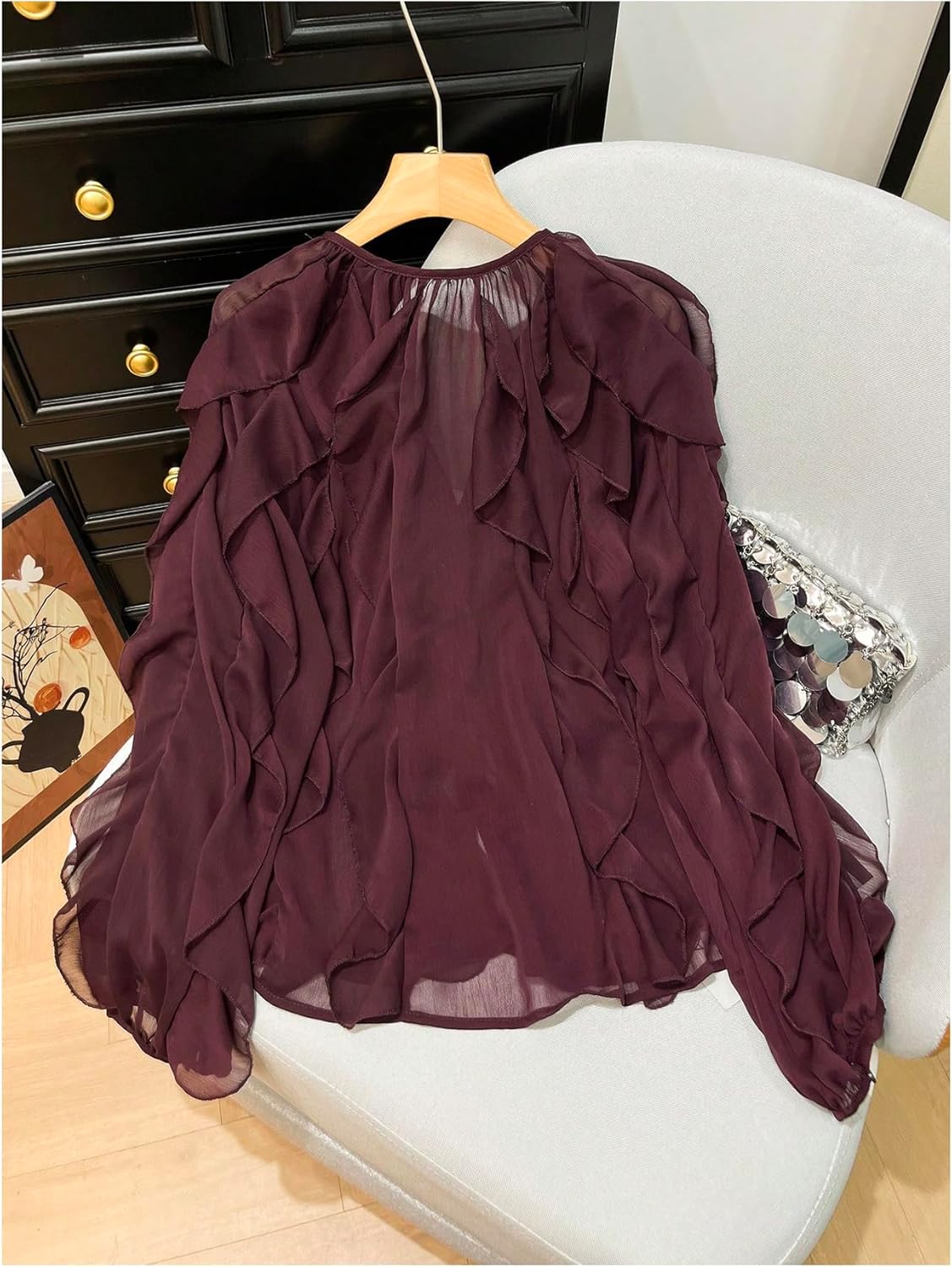 GORGLITTER Women's Dressy Mesh Ruffle Blouses Casual Office Chiffon Long Sleeve Button Up Shirts Dressy Fashion Trendy - Image 2