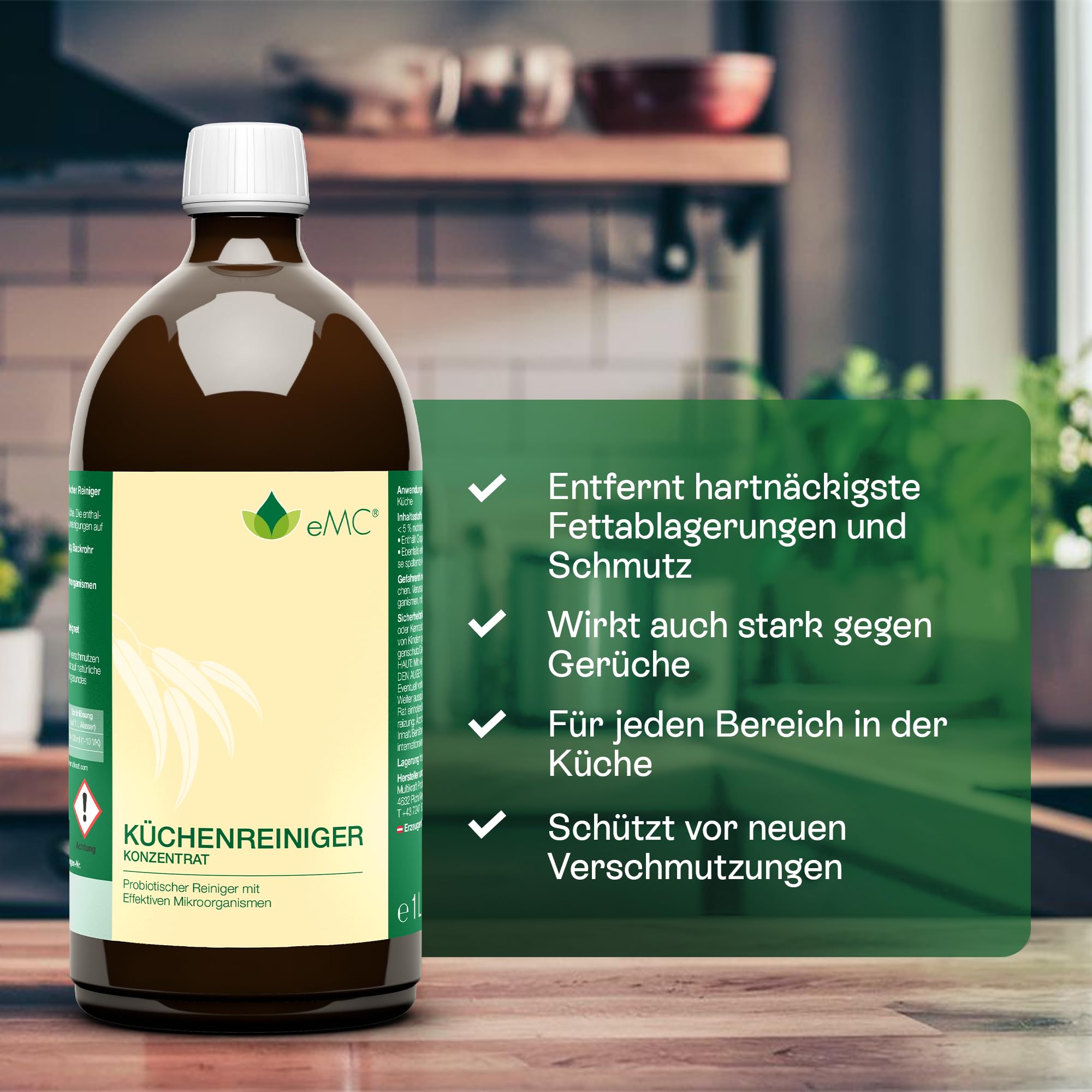 eMC Pulitore da cucina – Detergente probiotico contro i depositi di grasso ostinati, ideale per superfici della cucina come piani cottura, cappe e forni, elimina gli odori, 1 litro