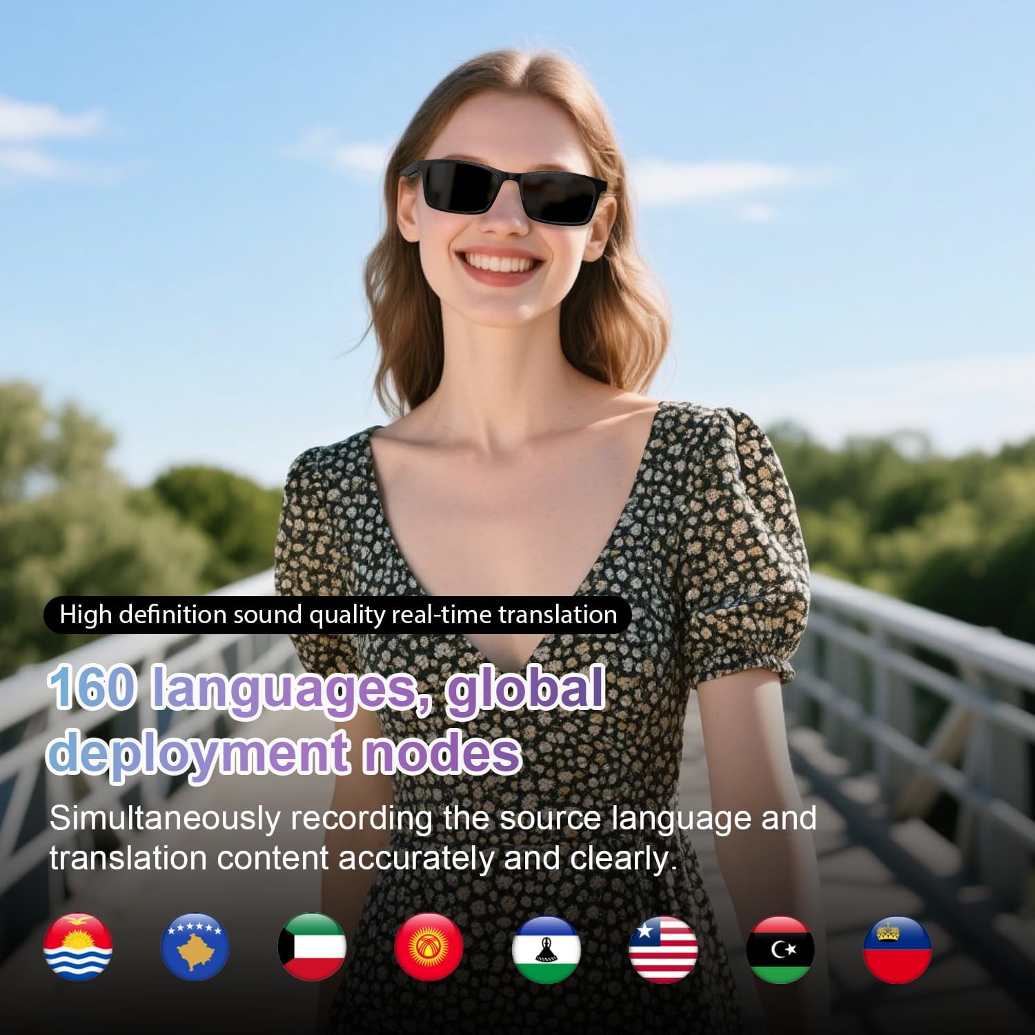 AI Smart Glasses for Men Women, Real-Time Translation, Support 160+ Languages, Video/Audio Calls, AI Noise Reduction, Extra Sunglasses Lens Included, Bluetooth Eyewear for Indoor Outdoor