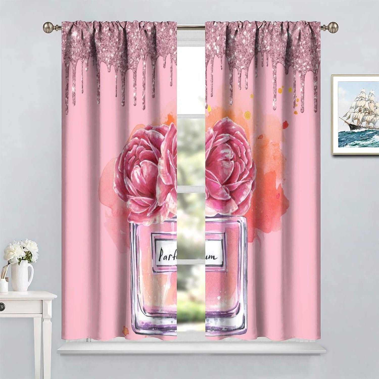 Fashion Pink Perfume Curtains Romantic Valentine's Day Bling Rose Floral Retro Makeup Woman Girls Lady Bedroom Decor Blackout Rod Pockets Window Drapes for Living Room W31.5xL63in 2 Panels