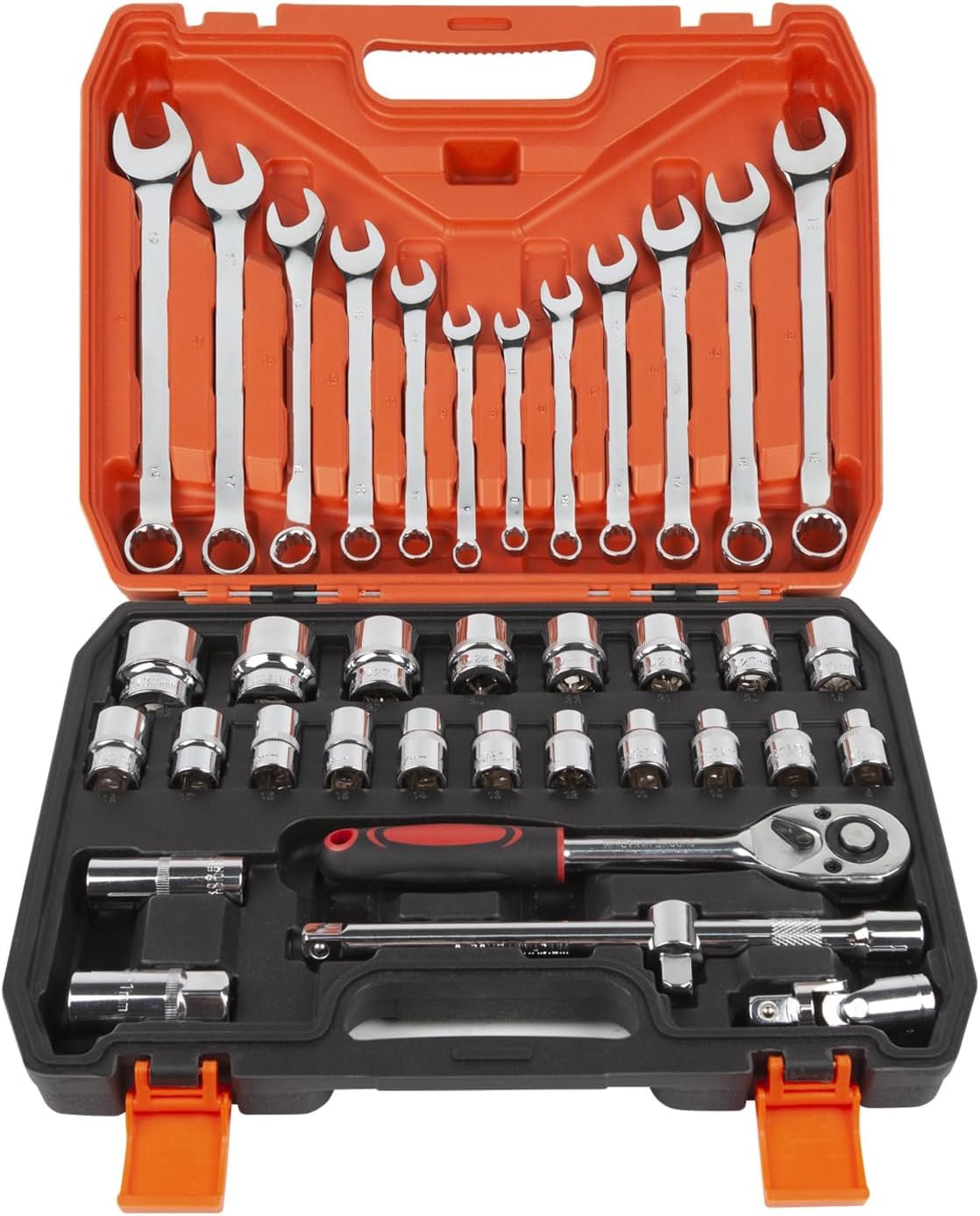 Drive Socket Set 1/2 Inch, 6 Pt. Ratchet Socket Wrench Set with Reversible Pear Head Ratchet, Extension Bar, CR-V Sockets for Home or Automobile Maintenance 37pcs