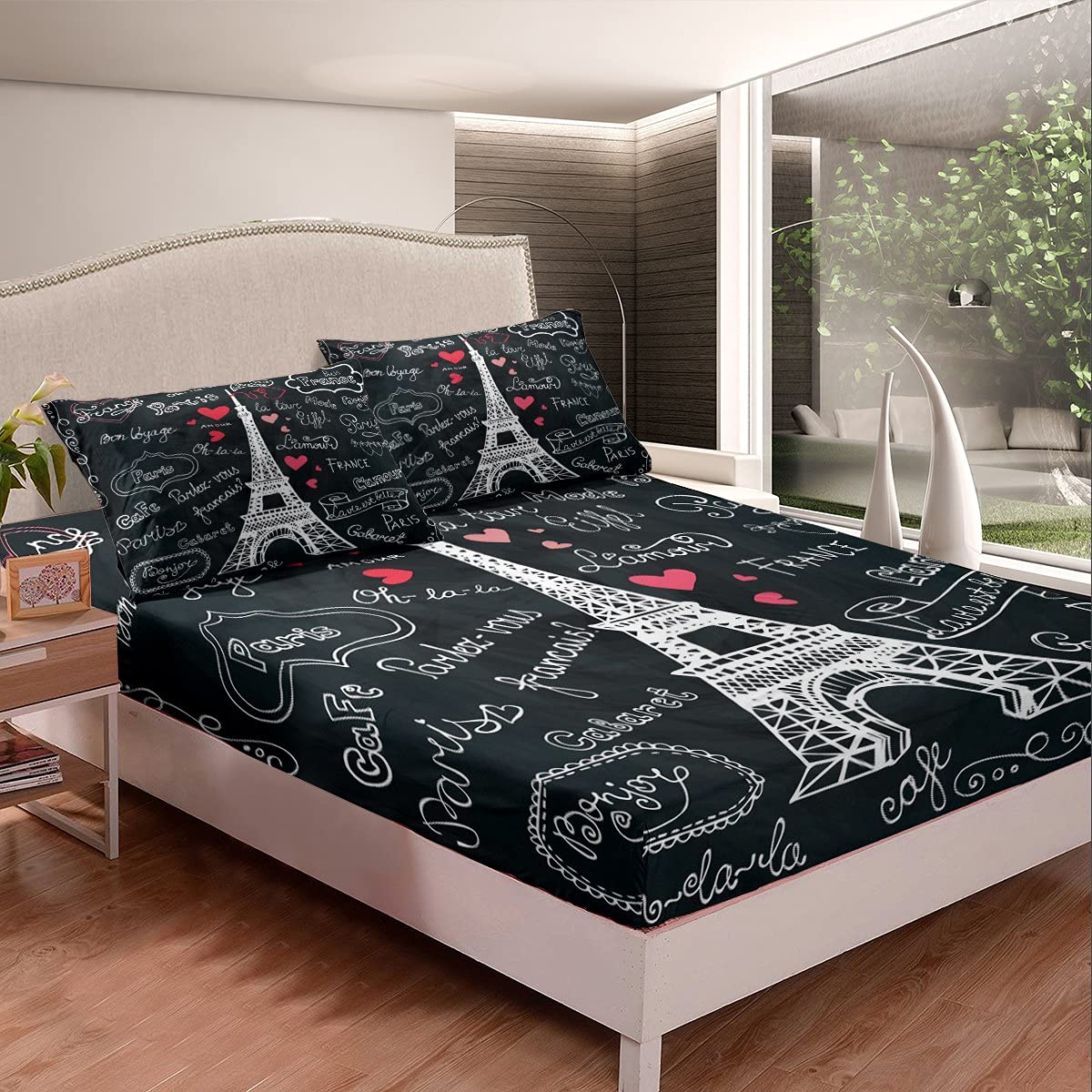 Parigi Torre Eiffel Lenzuola Set Famosa Francia Lenzuola per Bambini Ragazzi Ragazze Parigi Romantico Lenzuola Lenzuolo Con Angoli Lettera Cuore Nero Copri Letto King Size