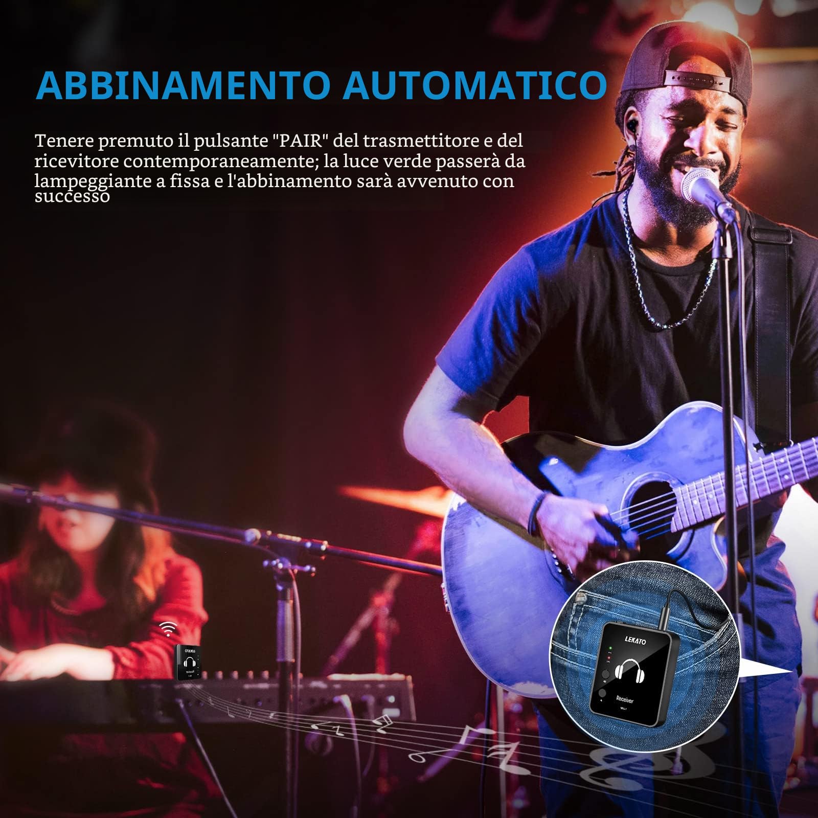 LEKATO MS-1 Wireless in-Ear Monitor System 2.4G Stereo IEM System con trasmettitore Beltpack Receiver Automatic Pairing (Nero)